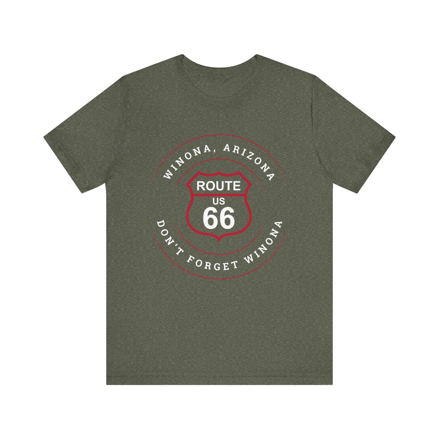 Heather military green retro Route 66 unisex jersey tee with Winona, AZ: "Don't Forget Winona" design