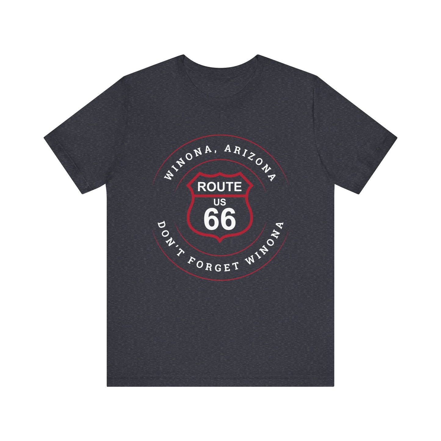 Heather navy retro Route 66 unisex jersey tee with Winona, AZ: "Don't Forget Winona" design
