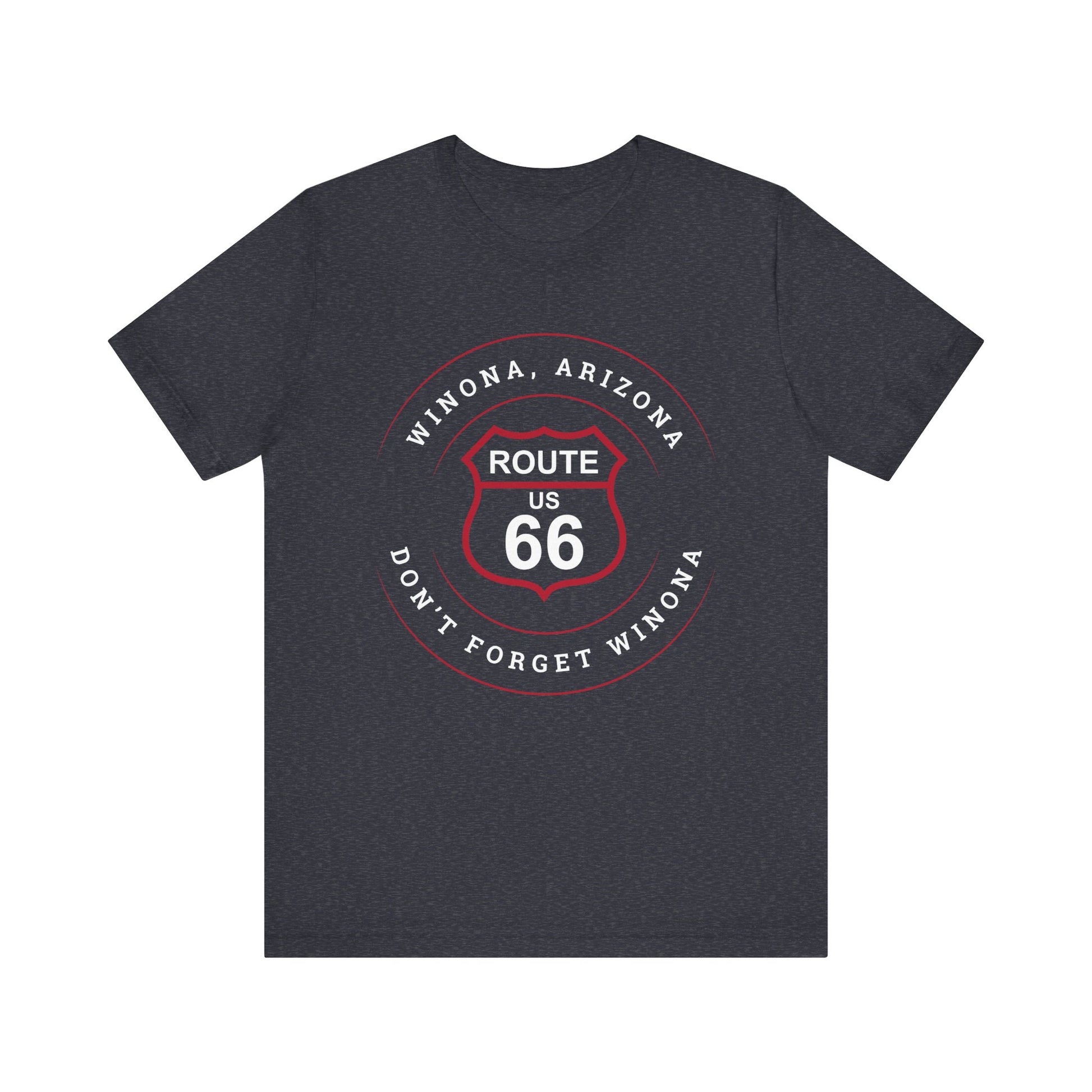Heather navy retro Route 66 unisex jersey tee with Winona, AZ: "Don't Forget Winona" design