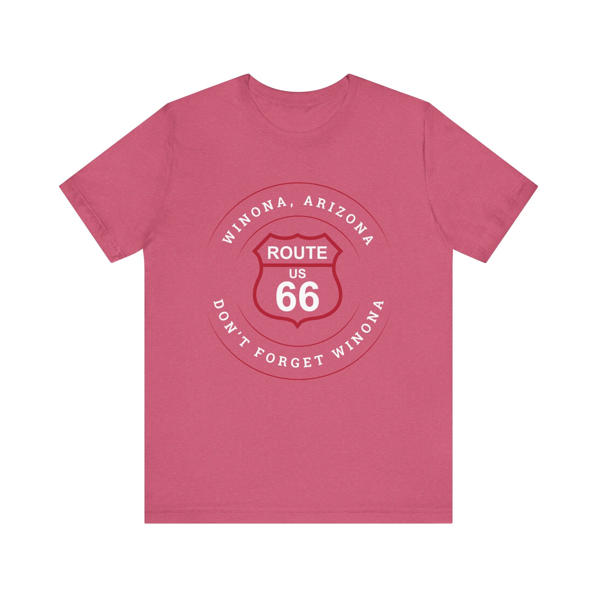 Heather raspberry retro Route 66 unisex jersey tee with Winona, AZ: "Don't Forget Winona" design