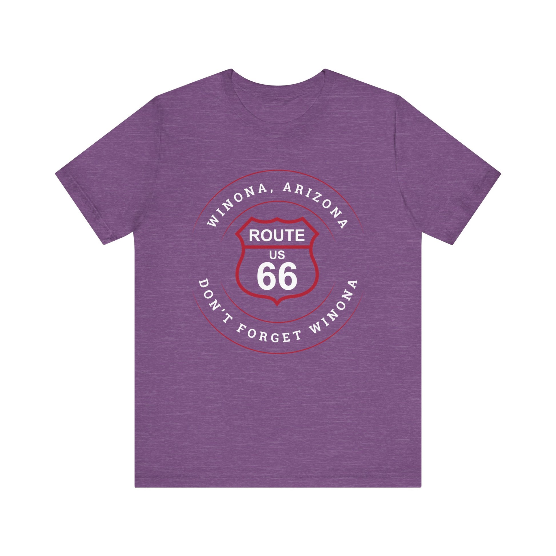 Heather team purple retro Route 66 unisex jersey tee with Winona, AZ: "Don't Forget Winona" design