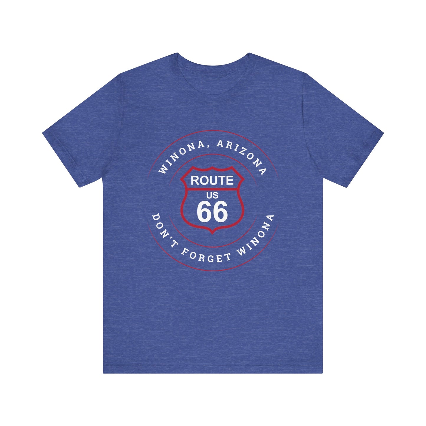 Heather true royal retro Route 66 unisex jersey tee with Winona, AZ: "Don't Forget Winona" design