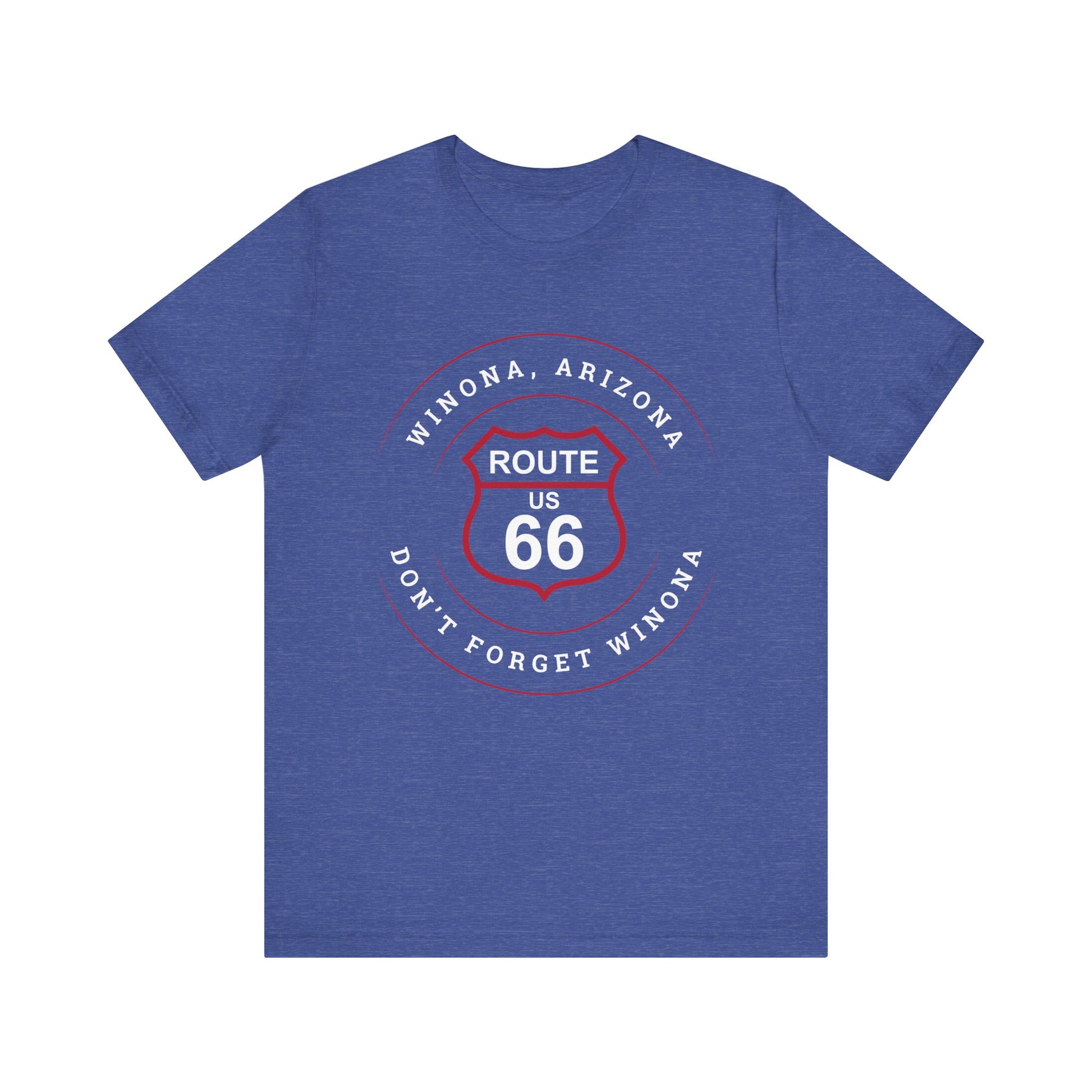 Heather true royal retro Route 66 unisex jersey tee with Winona, AZ: "Don't Forget Winona" design
