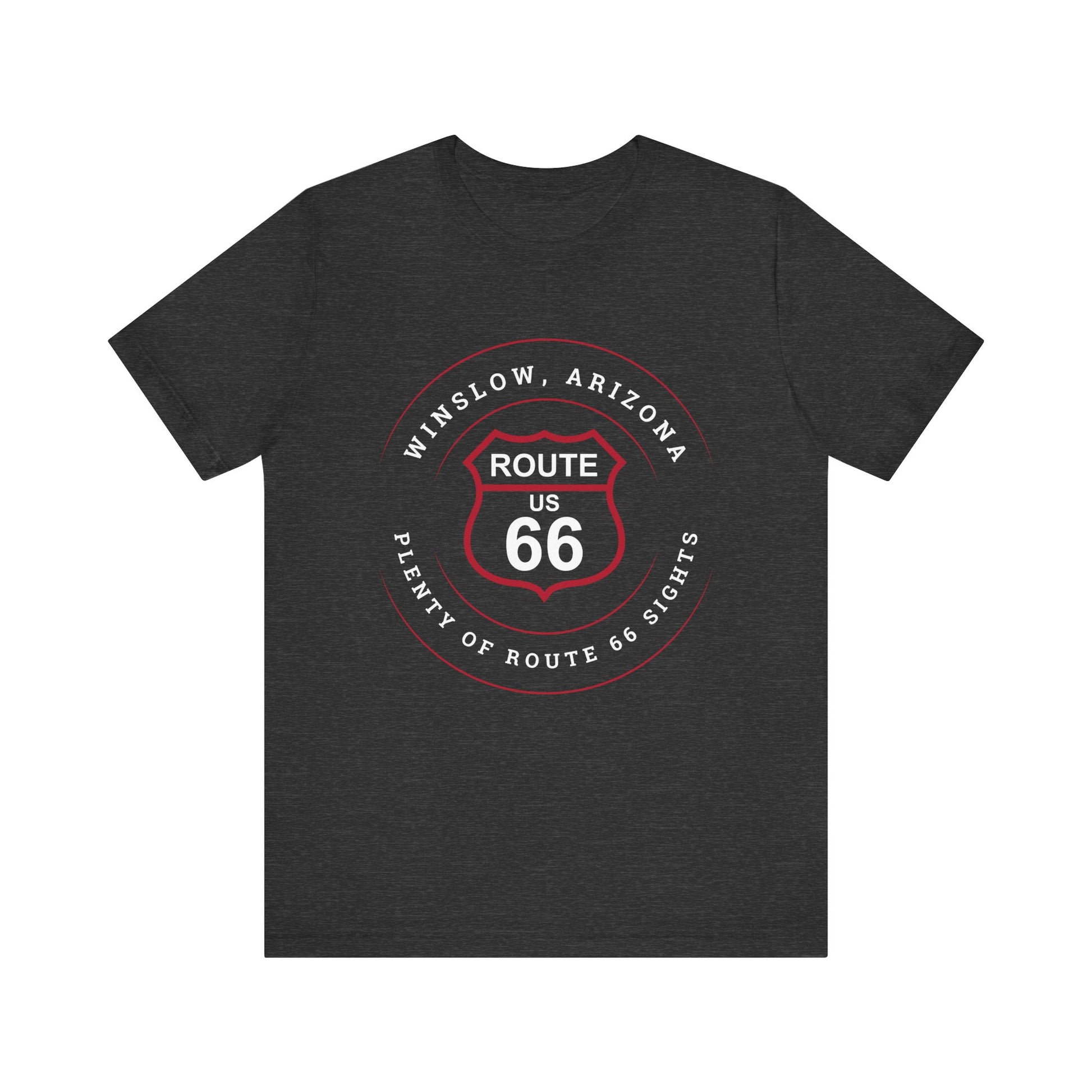 Dark grey heather retro Route 66 unisex jersey tee with Winslow, AZ: "Plenty of Route 66 Sights" design