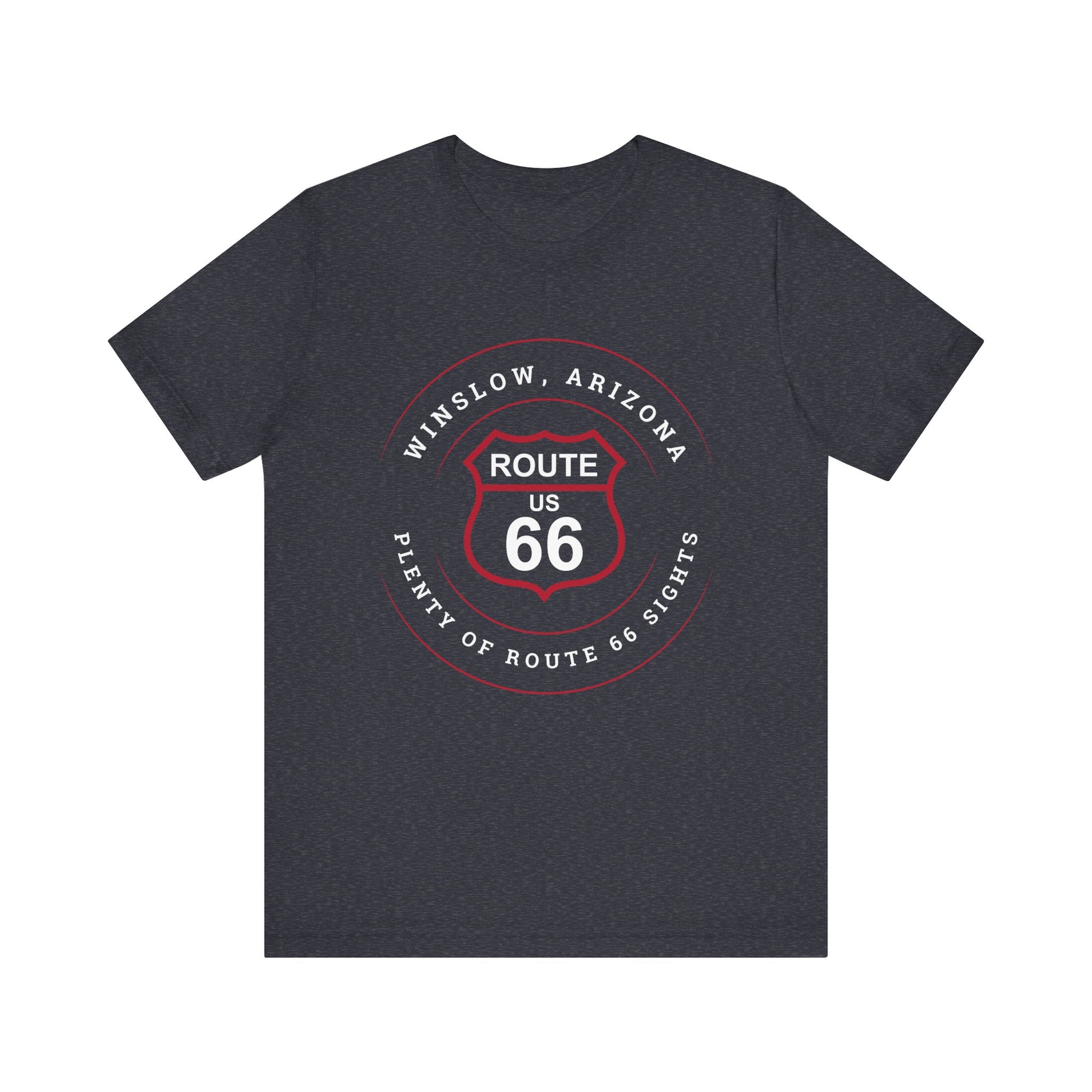 Heather navy retro Route 66 unisex jersey tee with Winslow, AZ: "Plenty of Route 66 Sights" design