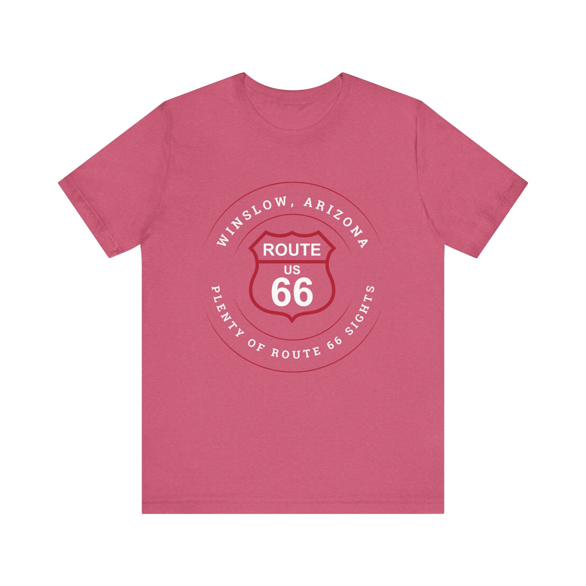 Heather raspberry retro Route 66 unisex jersey tee with Winslow, AZ: "Plenty of Route 66 Sights" design