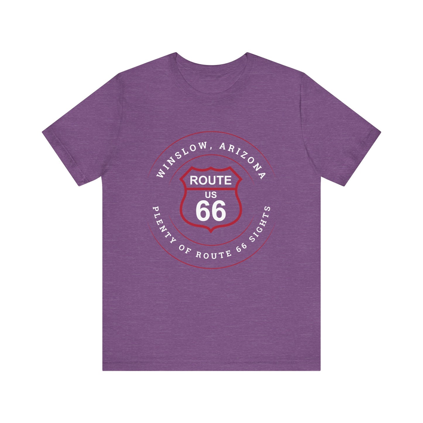 Heather team purple retro Route 66 unisex jersey tee with Winslow, AZ: "Plenty of Route 66 Sights" design