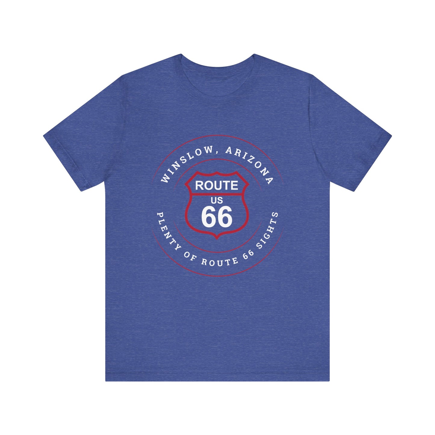 Heather true royal retro Route 66 unisex jersey tee with Winslow, AZ: "Plenty of Route 66 Sights" design