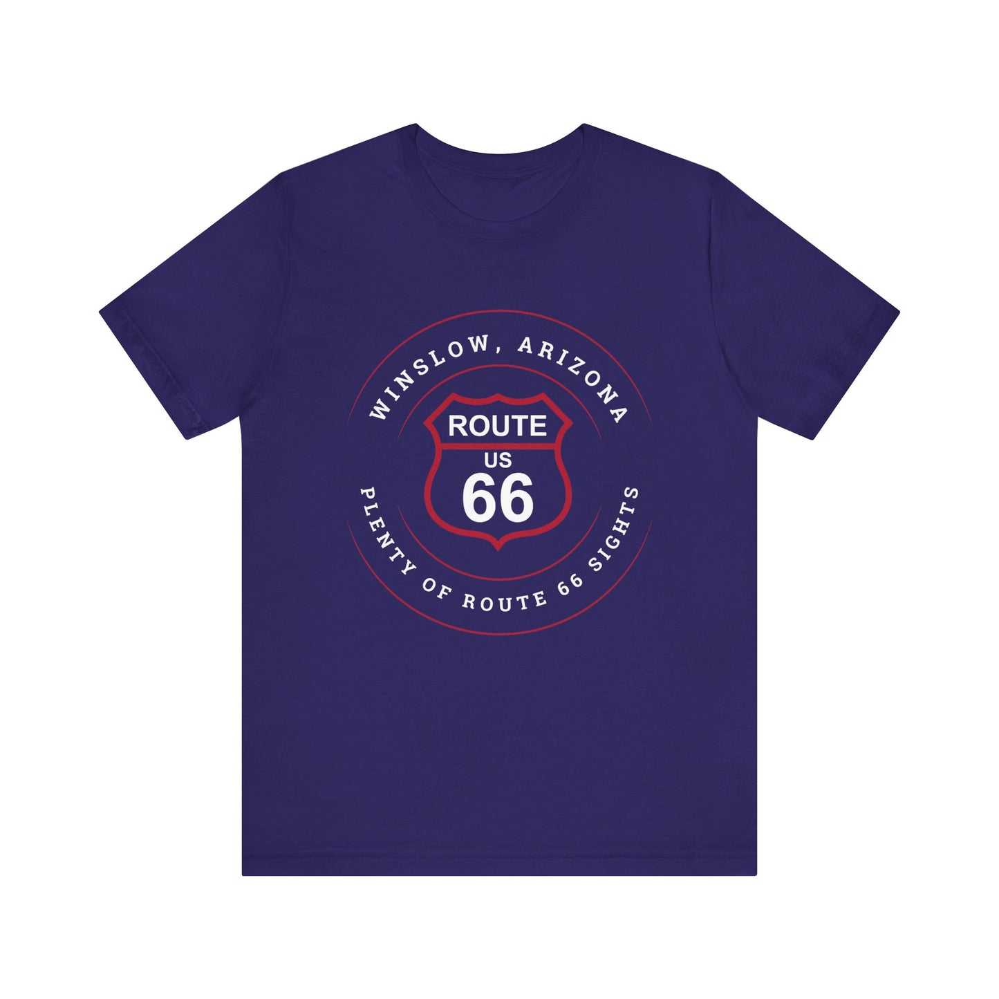 Team navy retro Route 66 unisex jersey tee with Winslow, AZ: "Plenty of Route 66 Sights" design