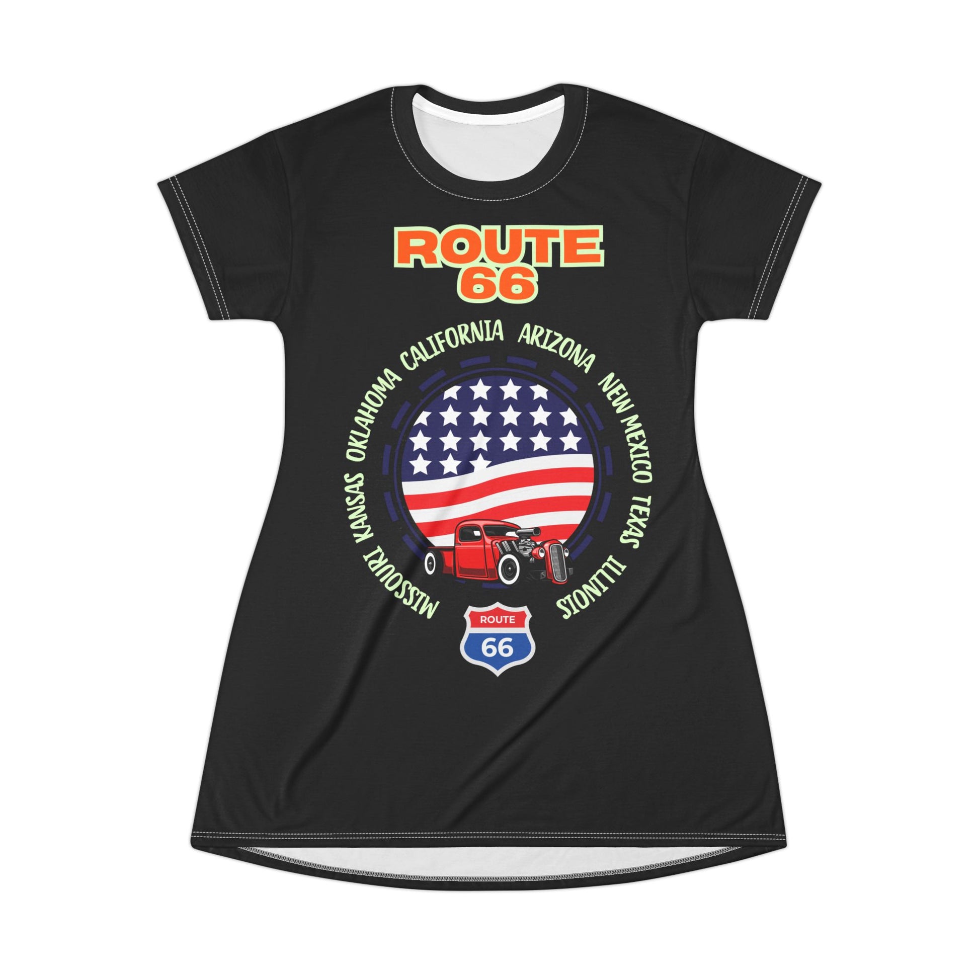 Flat lay front view of Route 66 women’s t-shirt dress featuring Americana design with U.S. flag, hot rod, and Route 66 state names.