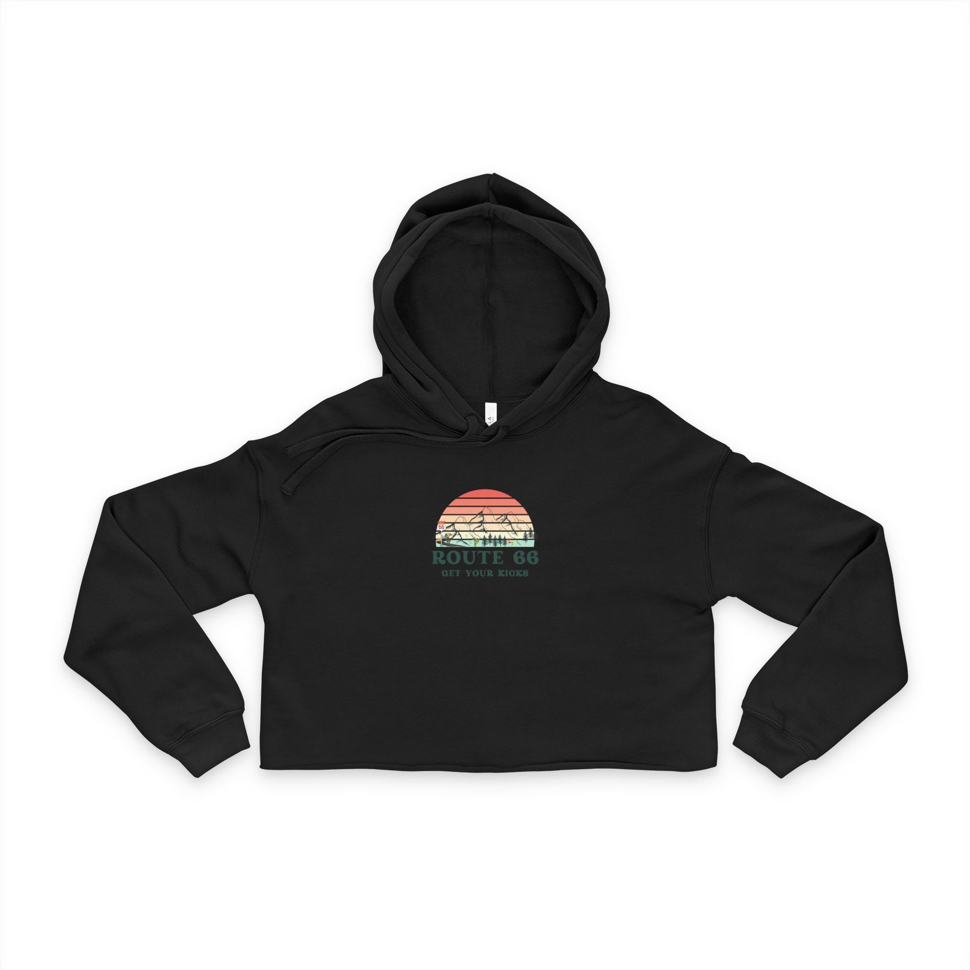 Retro Route 66 black cropped hoodie for women with sunset design and "Get Your Kicks" graphic - stylish casual streetwear.