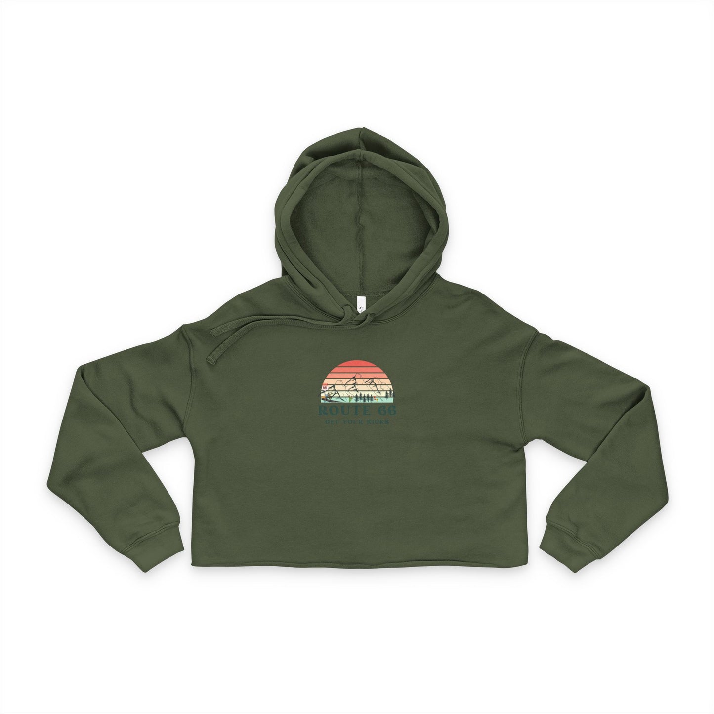 Retro Route 66 military green cropped hoodie for women with sunset design and "Get Your Kicks" graphic - stylish casual streetwear.