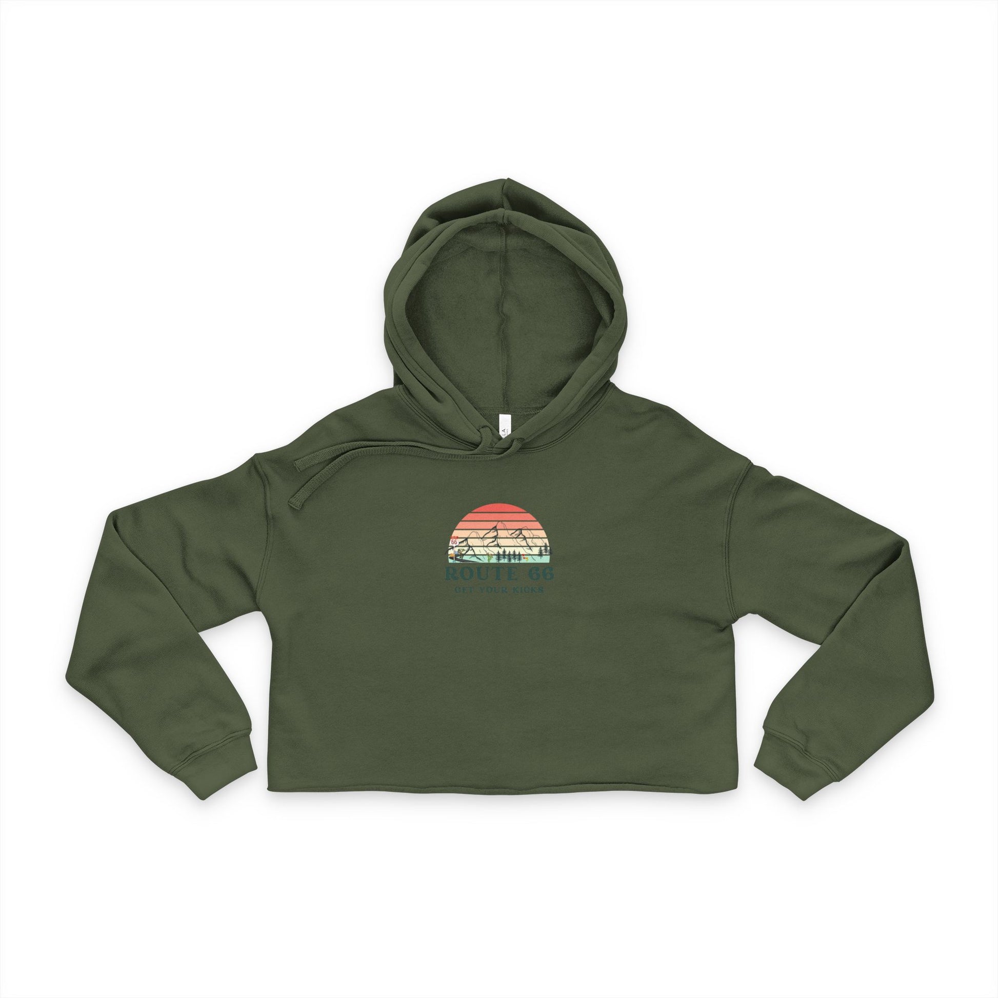 Retro Route 66 military green cropped hoodie for women with sunset design and "Get Your Kicks" graphic - stylish casual streetwear.