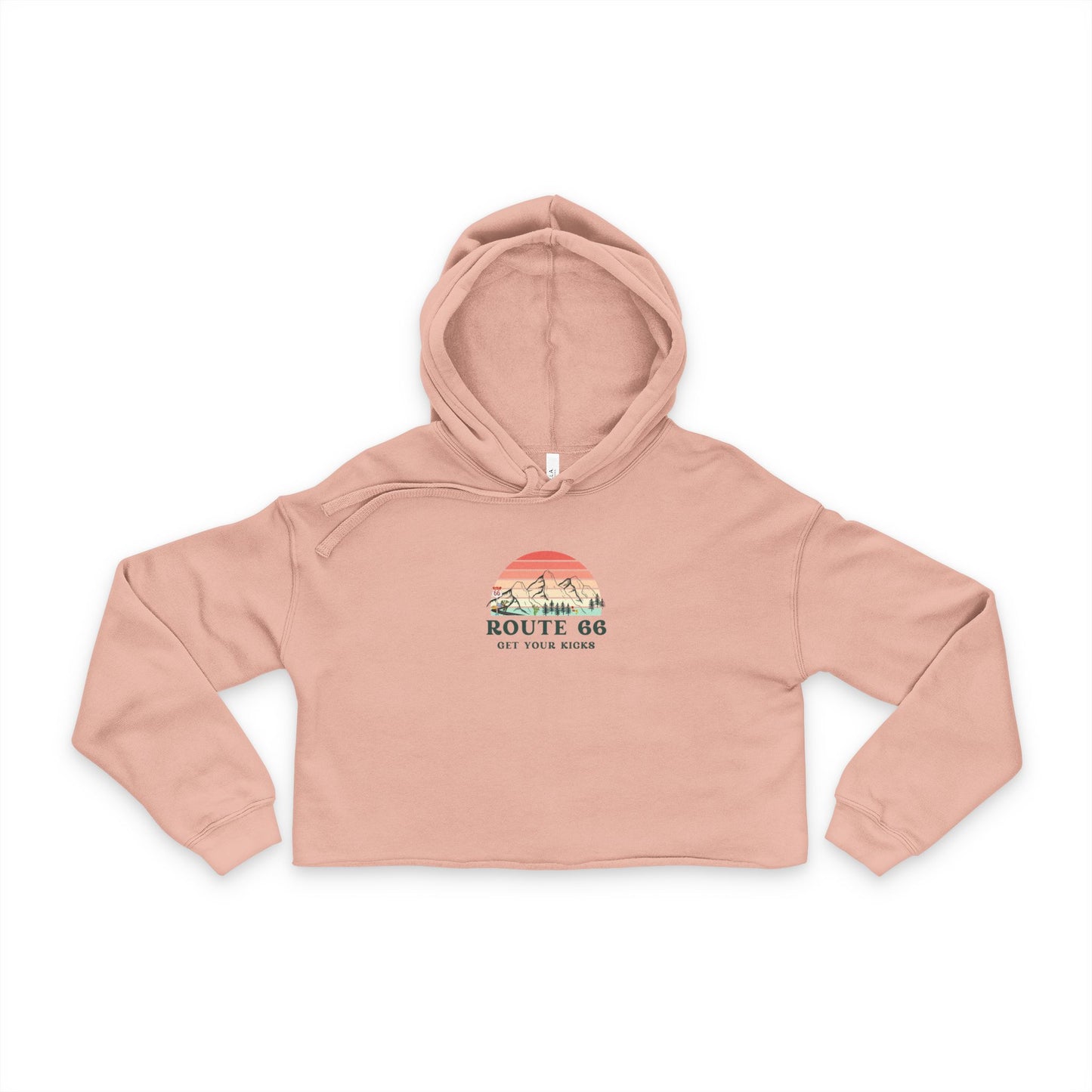 Retro Route 66 peach cropped hoodie for women with sunset design and "Get Your Kicks" graphic - stylish casual streetwear.