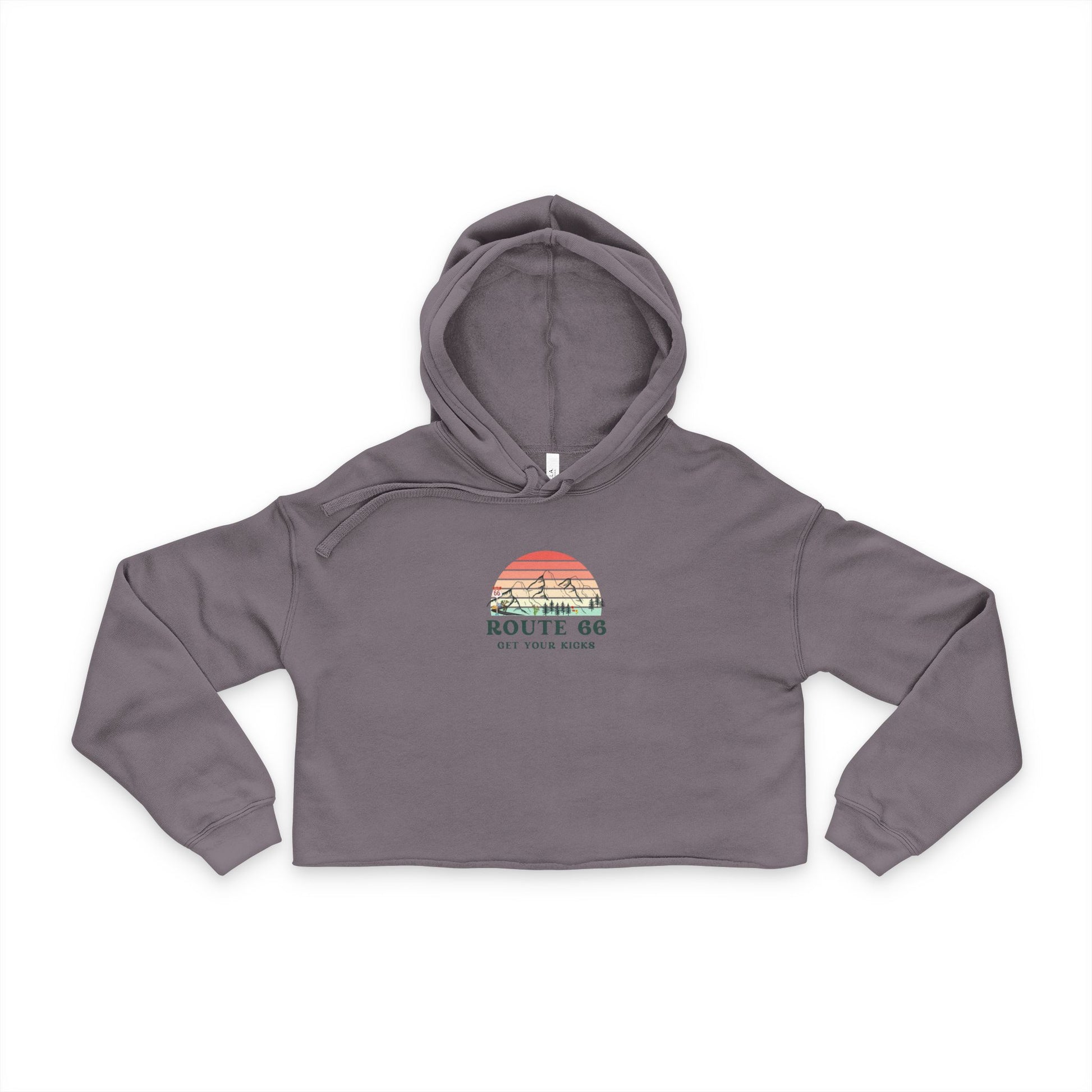 Retro Route 66 storm cropped hoodie for women with sunset design and "Get Your Kicks" graphic - stylish casual streetwear.