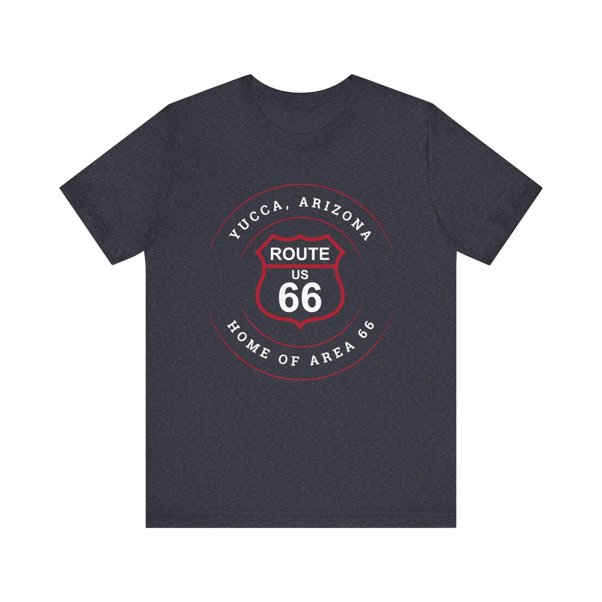 Heather navy retro Route 66 unisex jersey tee with Yucca, AZ: "Home of Area 66" design