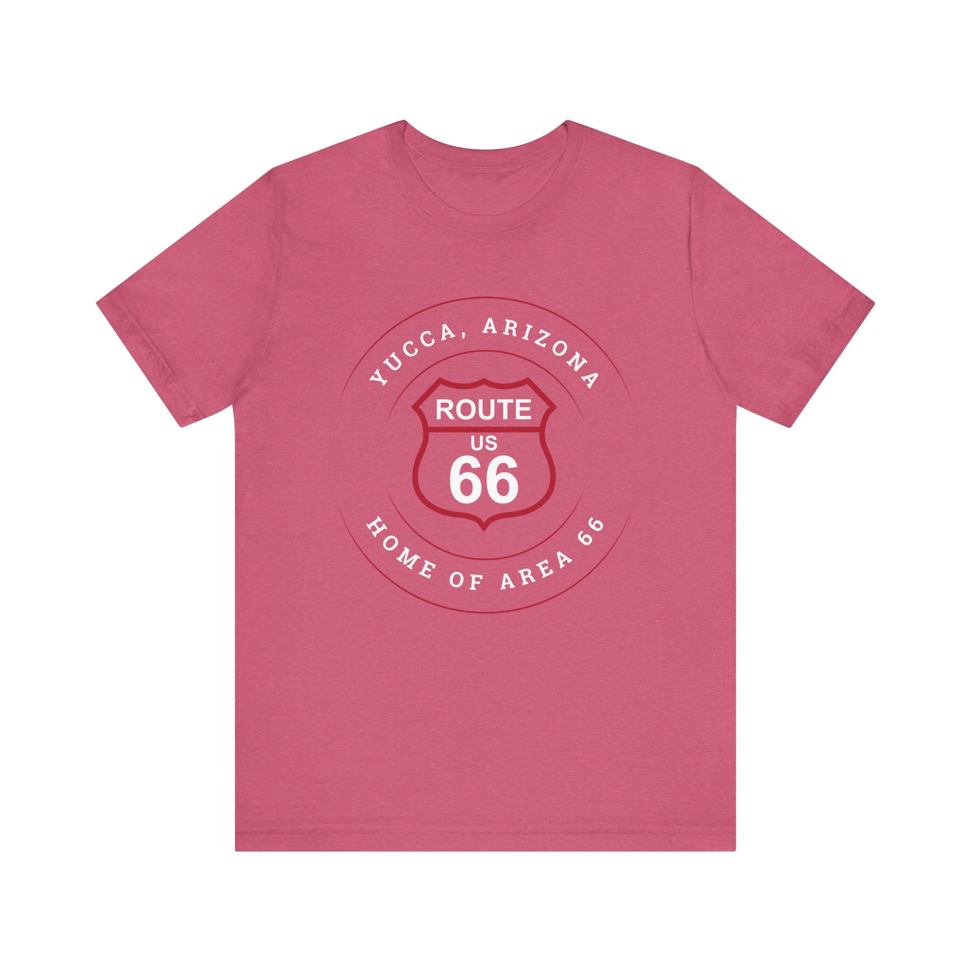 Heather raspberry retro Route 66 unisex jersey tee with Yucca, AZ: "Home of Area 66" design