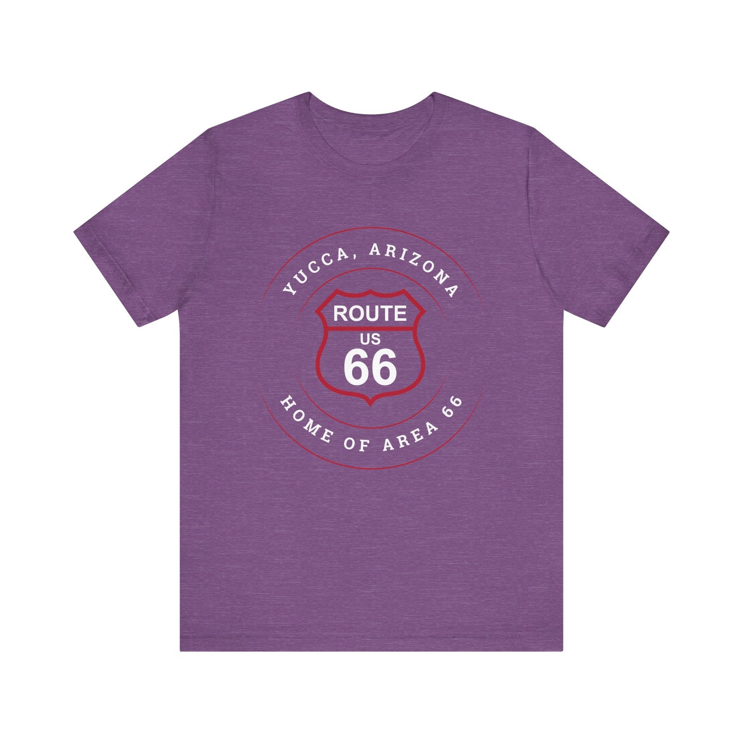 Heather team purple retro Route 66 unisex jersey tee with Yucca, AZ: "Home of Area 66" design