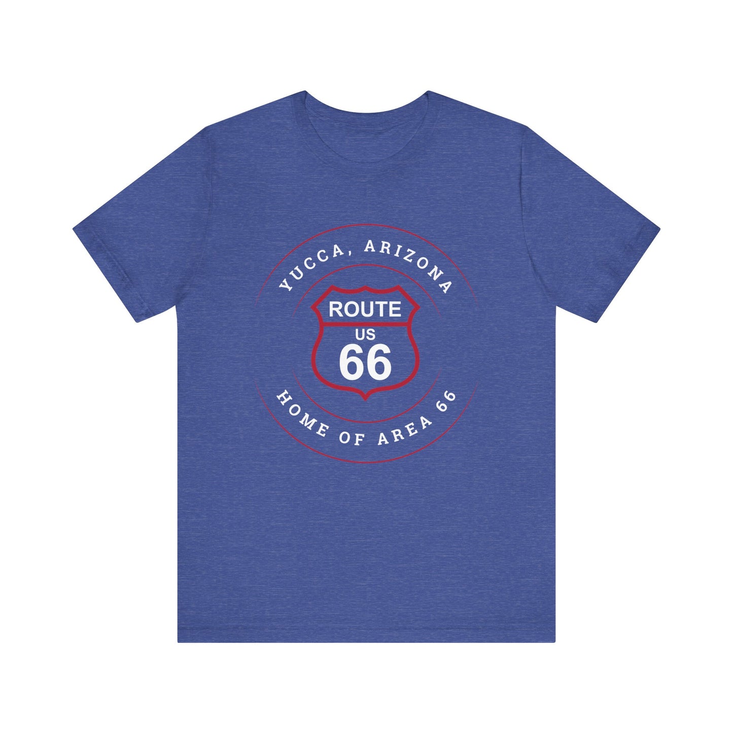 Heather true royal retro Route 66 unisex jersey tee with Yucca, AZ: "Home of Area 66" design