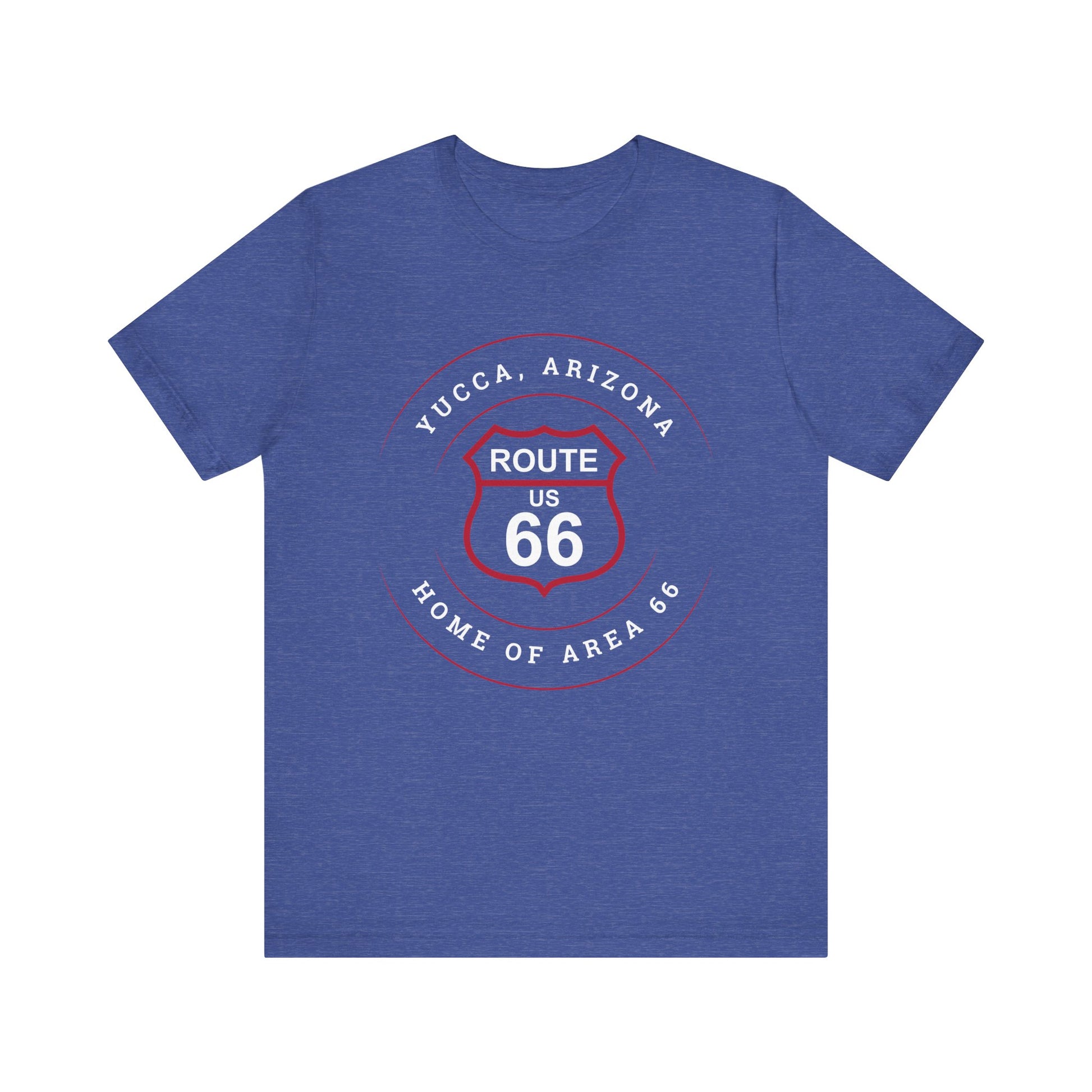 Heather true royal retro Route 66 unisex jersey tee with Yucca, AZ: "Home of Area 66" design