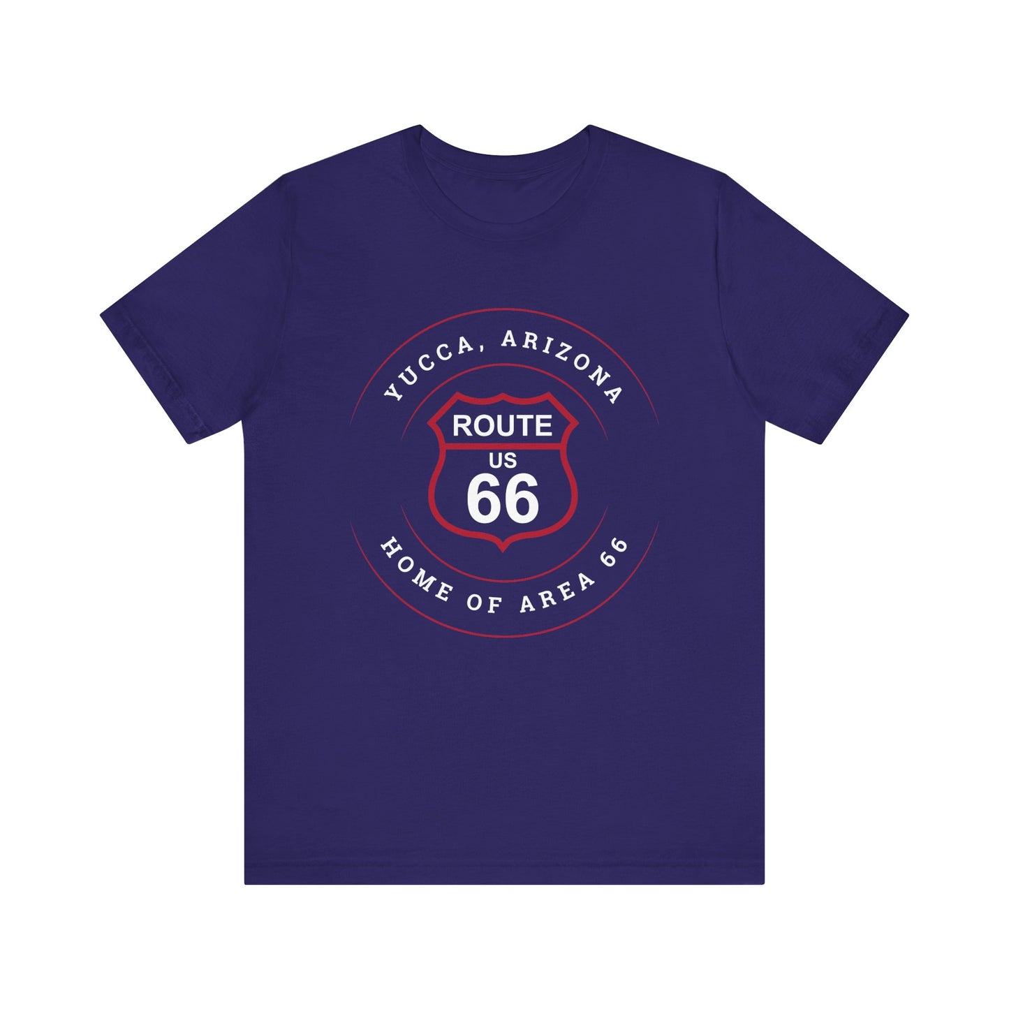 Team navy retro Route 66 unisex jersey tee with Yucca, AZ: "Home of Area 66" design