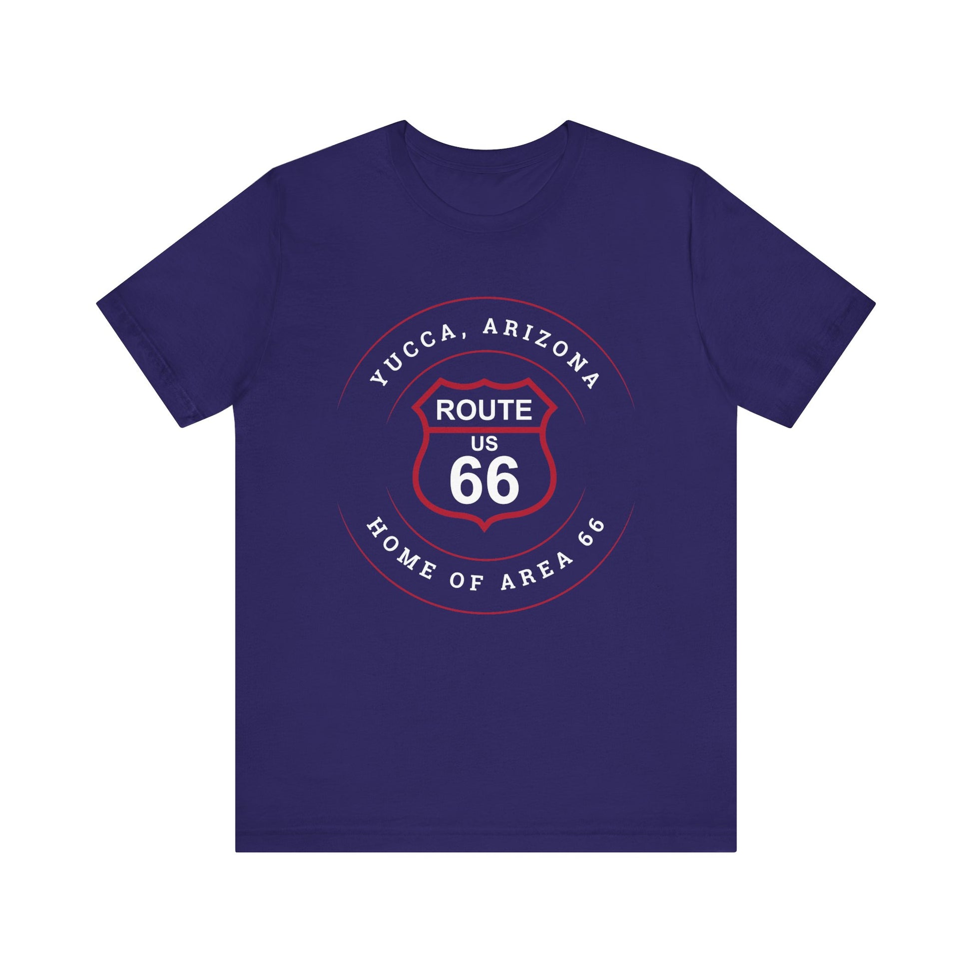 Team navy retro Route 66 unisex jersey tee with Yucca, AZ: "Home of Area 66" design