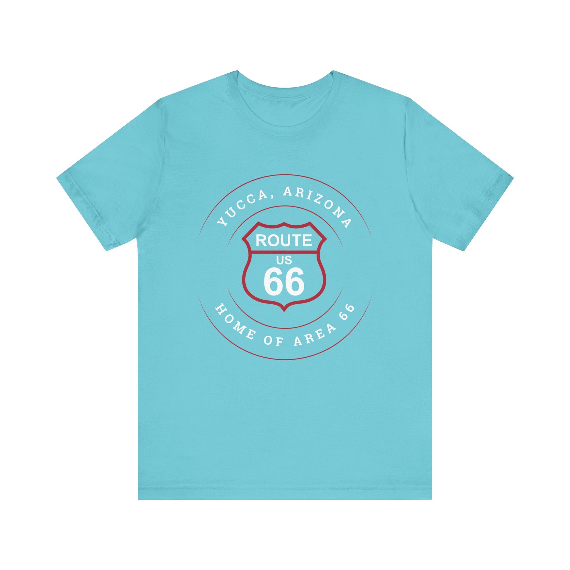 Turquoise retro Route 66 unisex jersey tee with Yucca, AZ: "Home of Area 66" design
