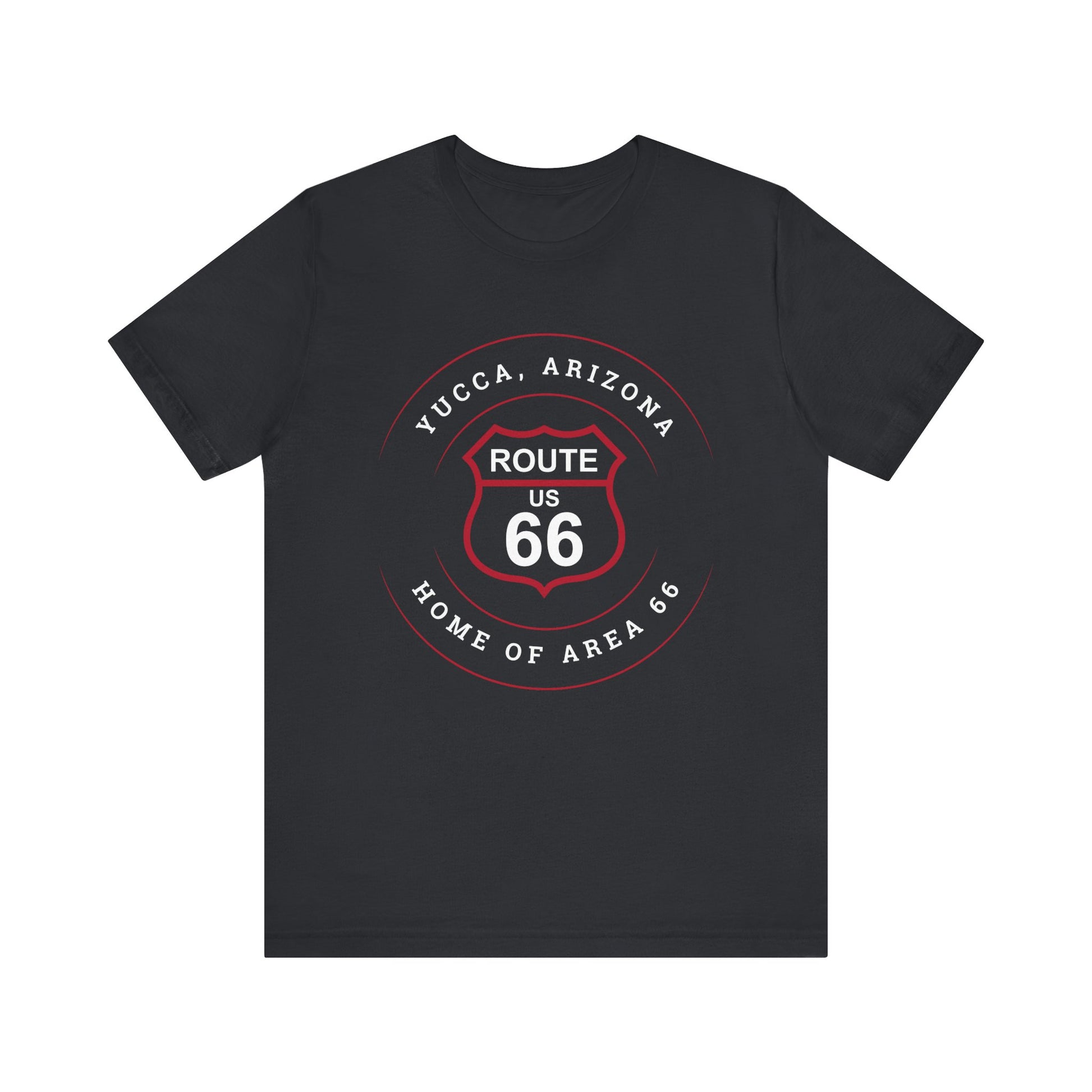 Vintage black retro Route 66 unisex jersey tee with Yucca, AZ: "Home of Area 66" design