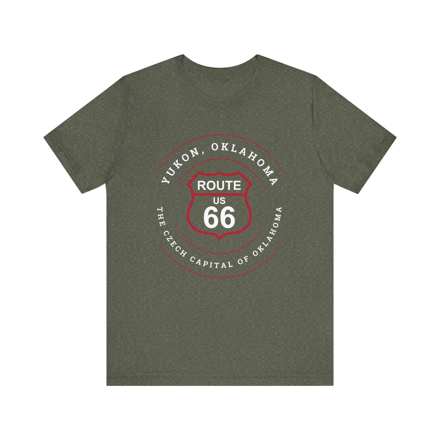 Heather military green retro Route 66 unisex jersey tee with Yukon, OK "Czech Capital of OK" design