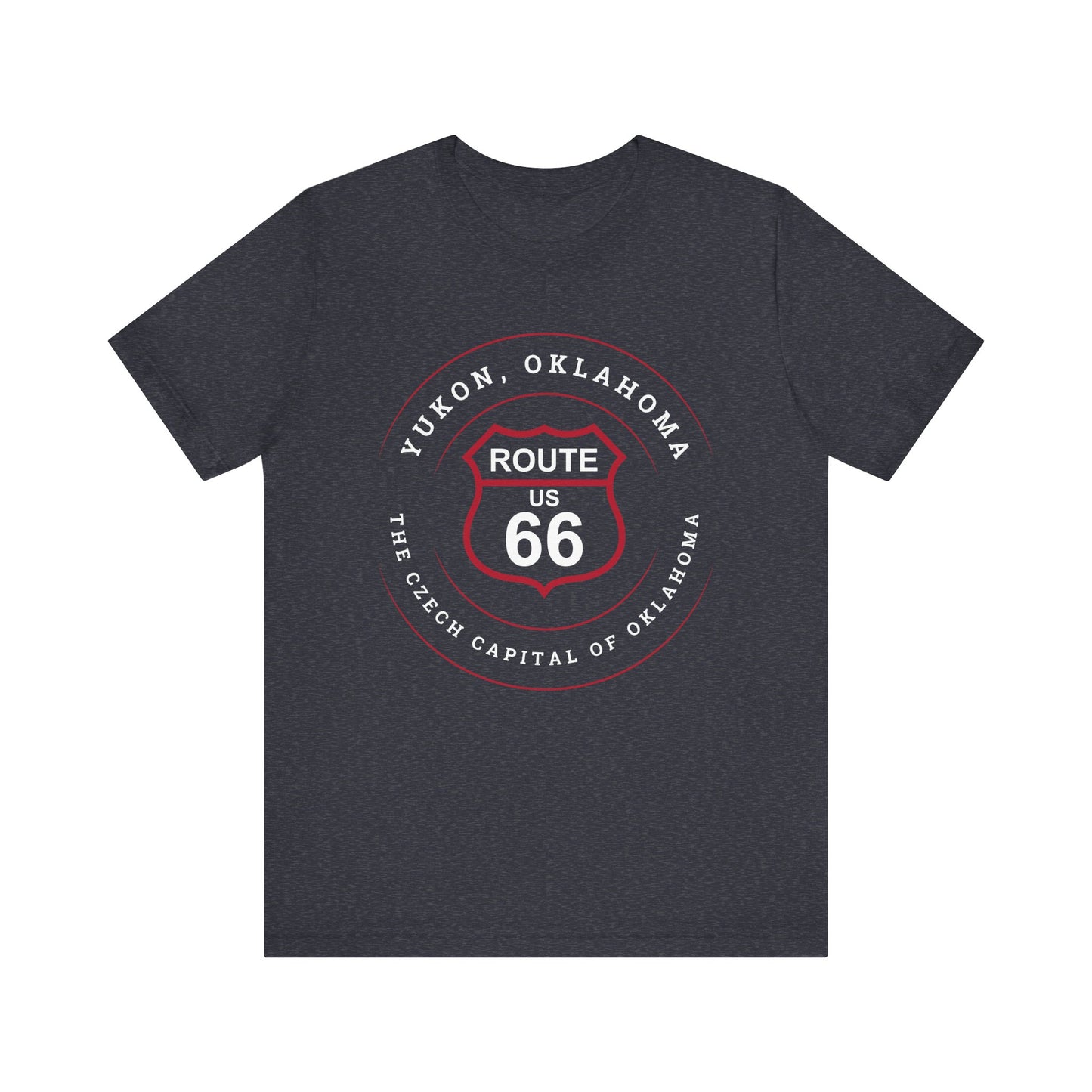 Heather navy retro Route 66 unisex jersey tee with Yukon, OK "Czech Capital of OK" design