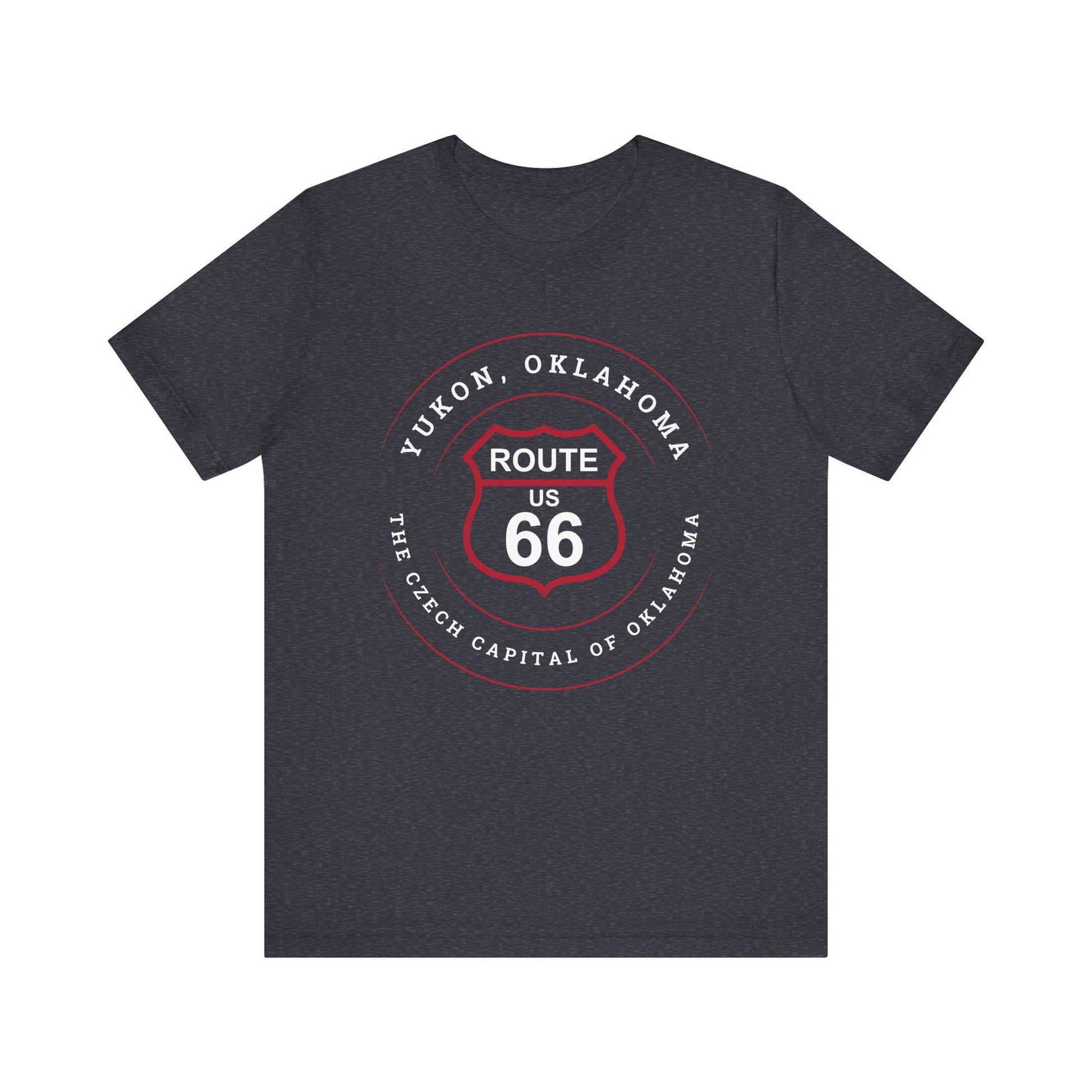 Heather navy retro Route 66 unisex jersey tee with Yukon, OK "Czech Capital of OK" design