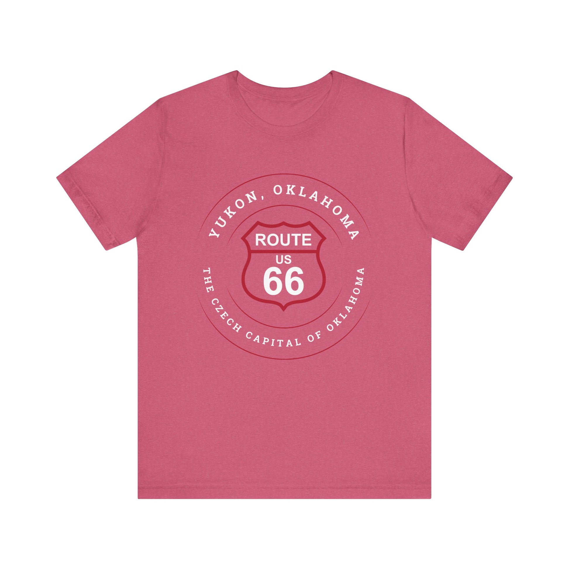 Heather raspberry retro Route 66 unisex jersey tee with Yukon, OK "Czech Capital of OK" design