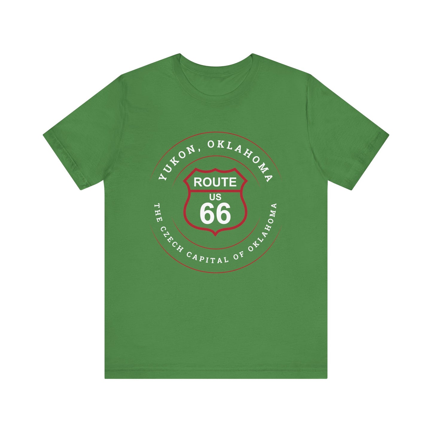 Leaf retro Route 66 unisex jersey tee with Yukon, OK "Czech Capital of OK" design