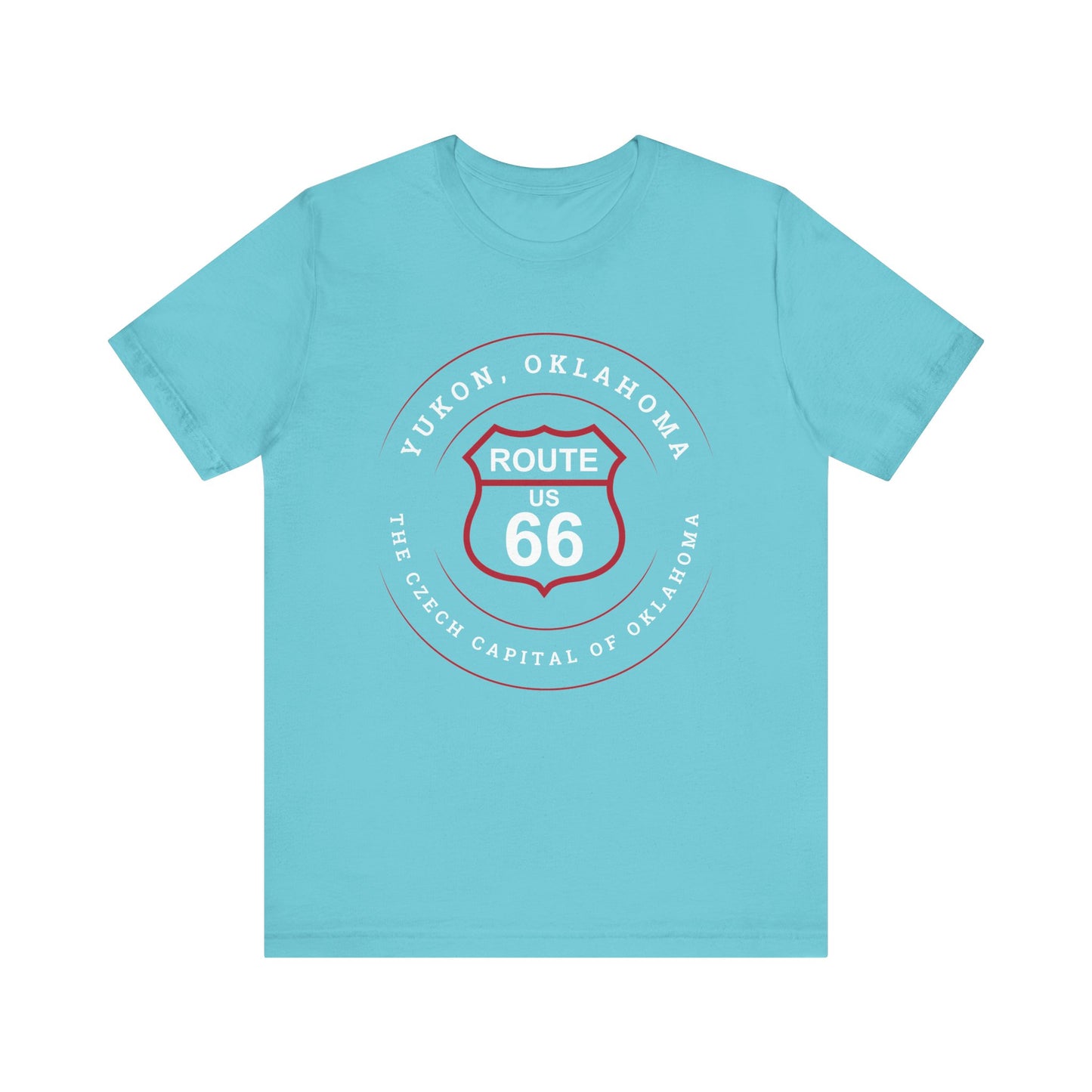 Turquoise retro Route 66 unisex jersey tee with Yukon, OK "Czech Capital of OK" design