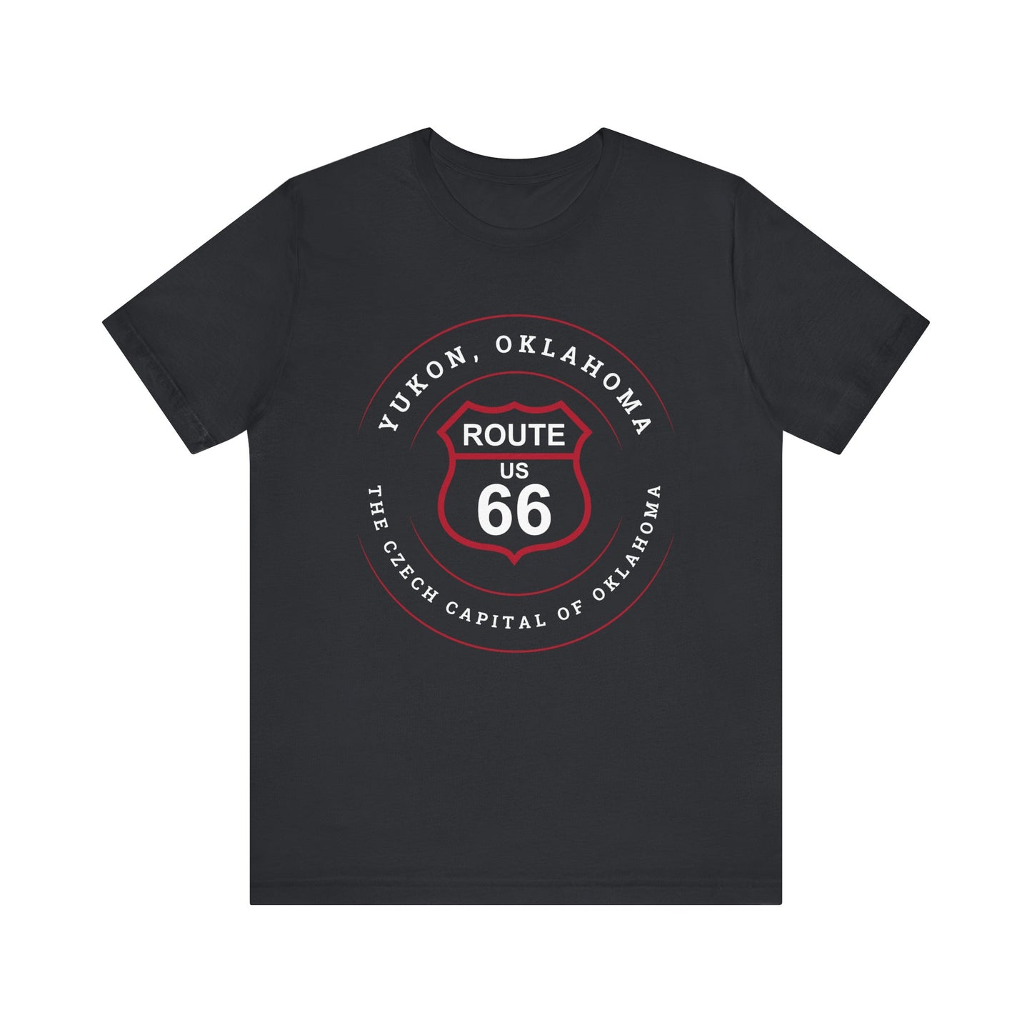 Vintage black retro Route 66 unisex jersey tee with Yukon, OK "Czech Capital of OK" design