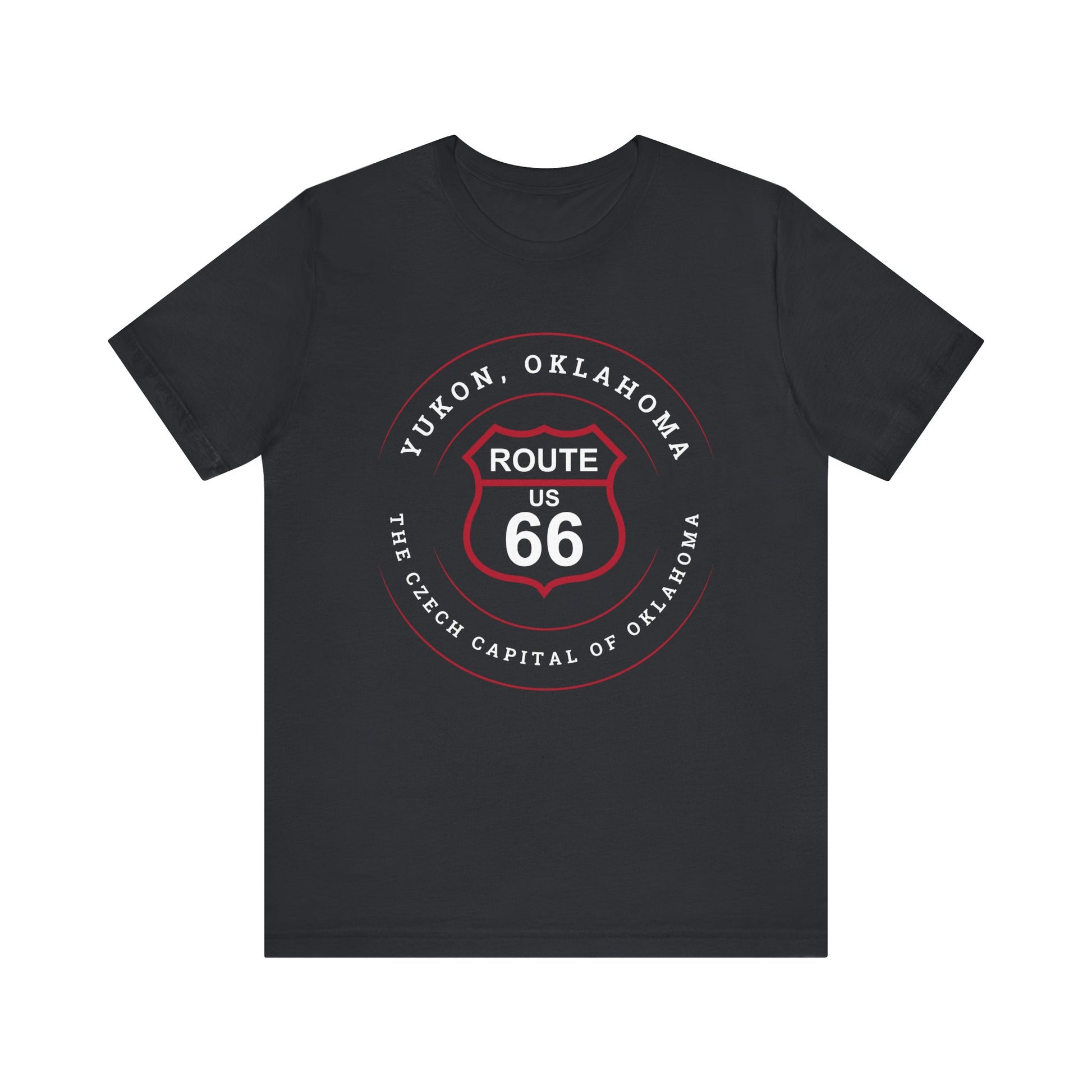Vintage black retro Route 66 unisex jersey tee with Yukon, OK "Czech Capital of OK" design