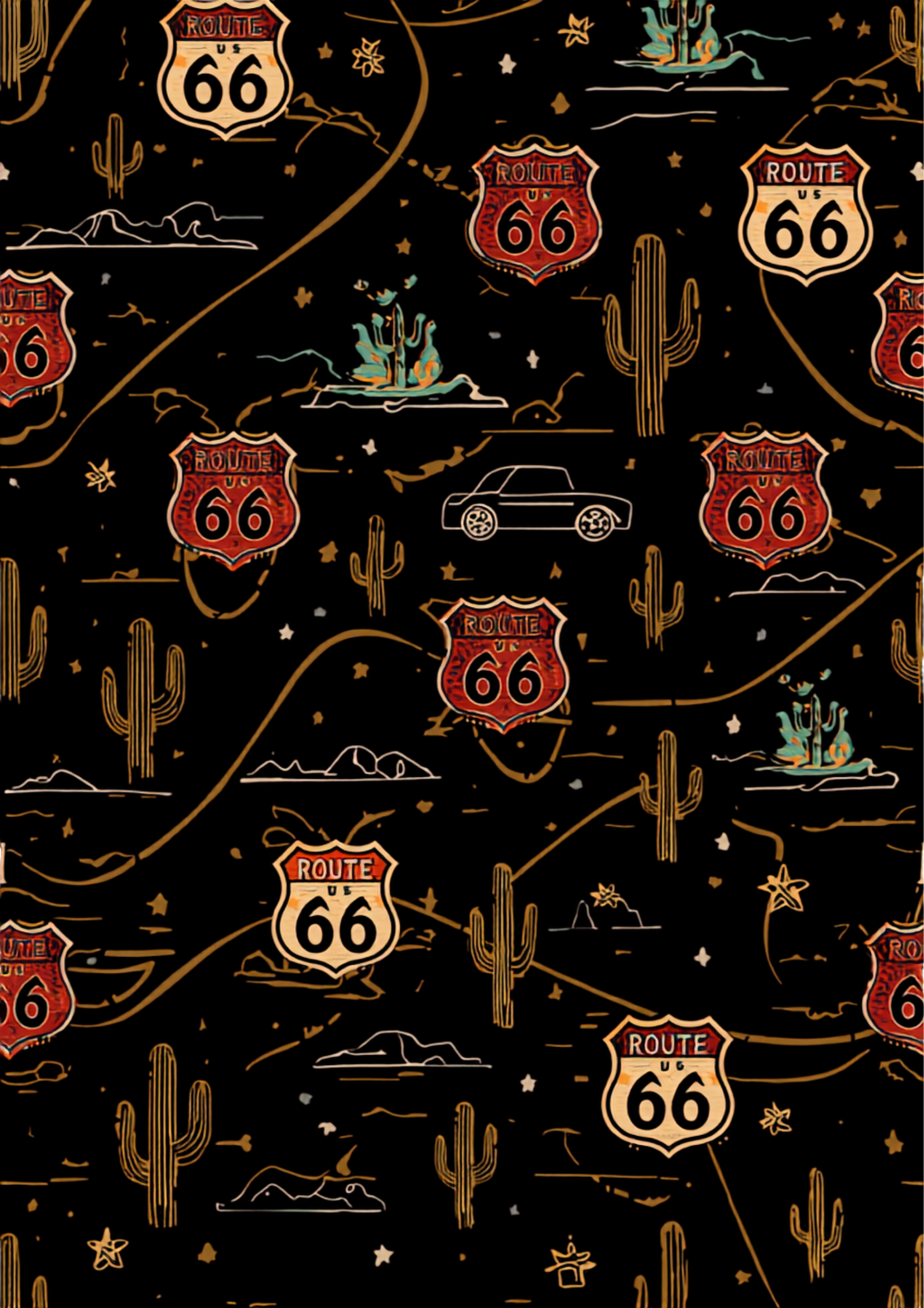 A Vintage, Americana-themed pattern which features distressed Route 66 shields, classic cars and cacti.