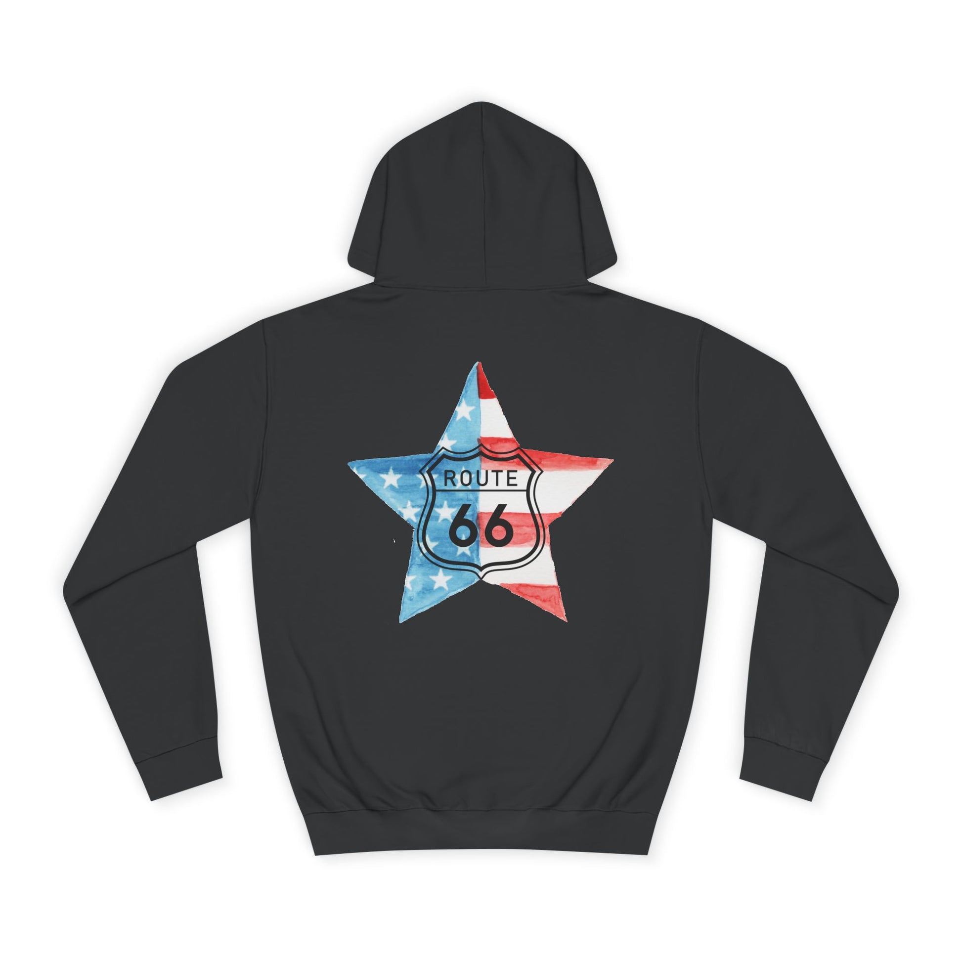Flat lay of the back of an unisex Route 66 hoodie featuring a patriotic star with a Route 66 shield in vintage, Americana style.