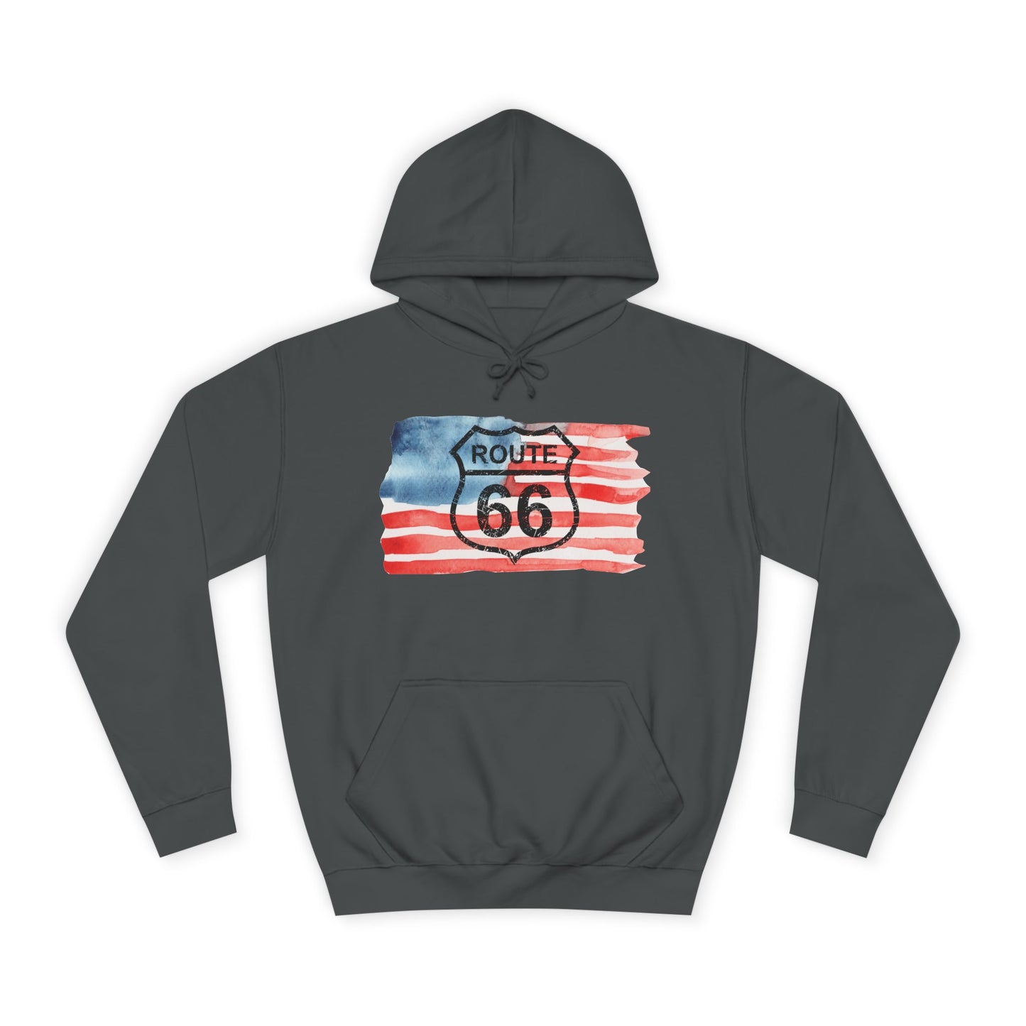 Flat lay of the front of a jet black unisex Route 66 hoodie featuring a distressed American flag print with a Route 66 shield