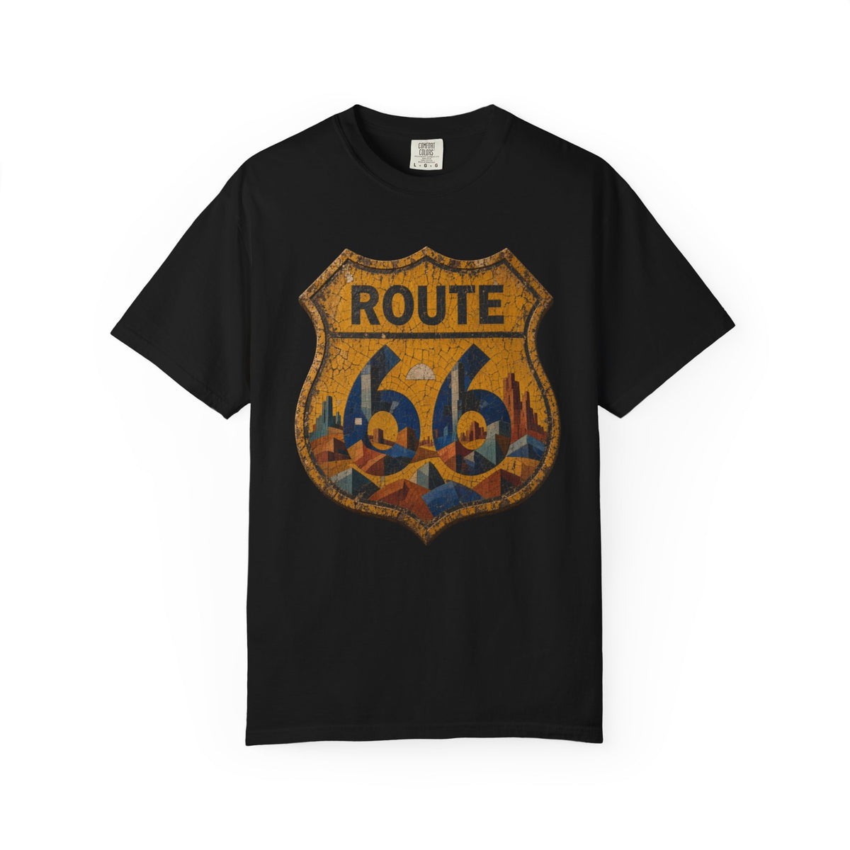 Vintage Shield Route 66 t-shirt in black, flat lay front view