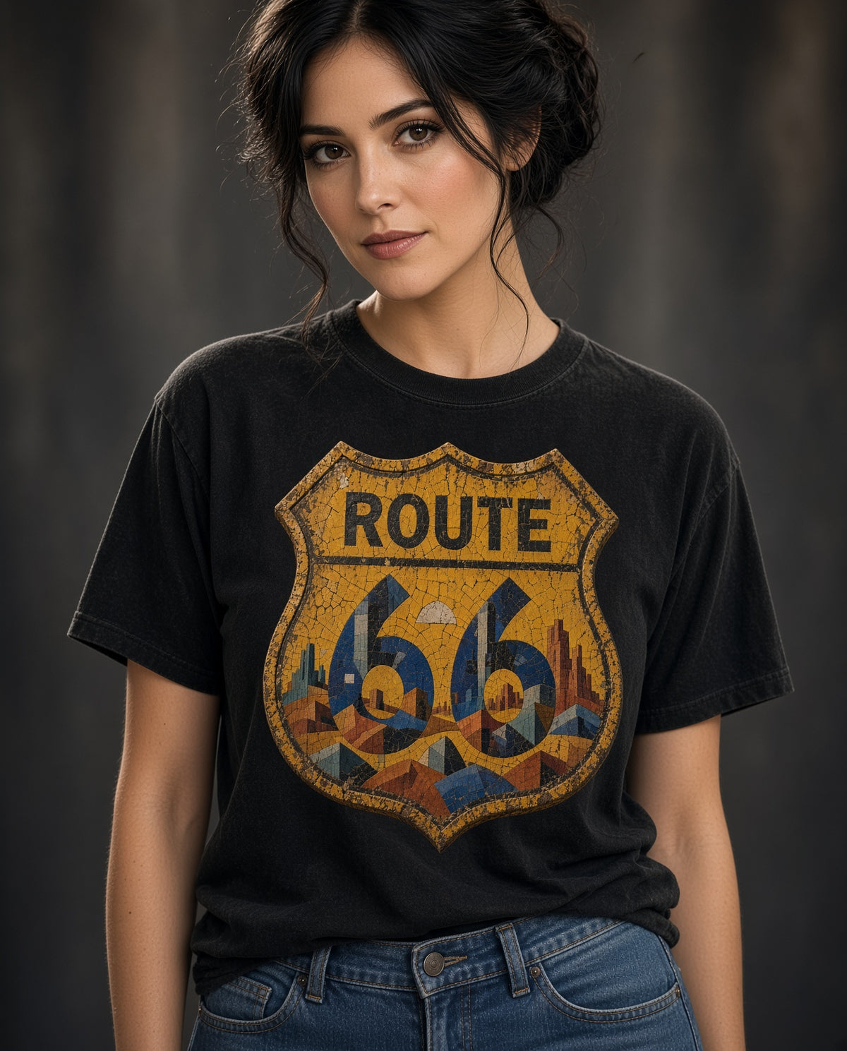 Vintage Shield Route 66 t-shirt in black, front view on model