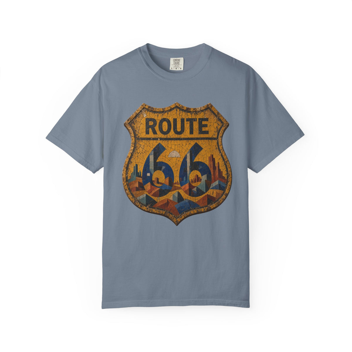 Vintage Shield Route 66 t-shirt in blue jean, flat lay front view