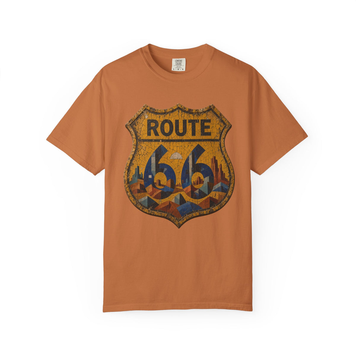 Vintage Shield Route 66 t-shirt in yam orange, flat lay front view