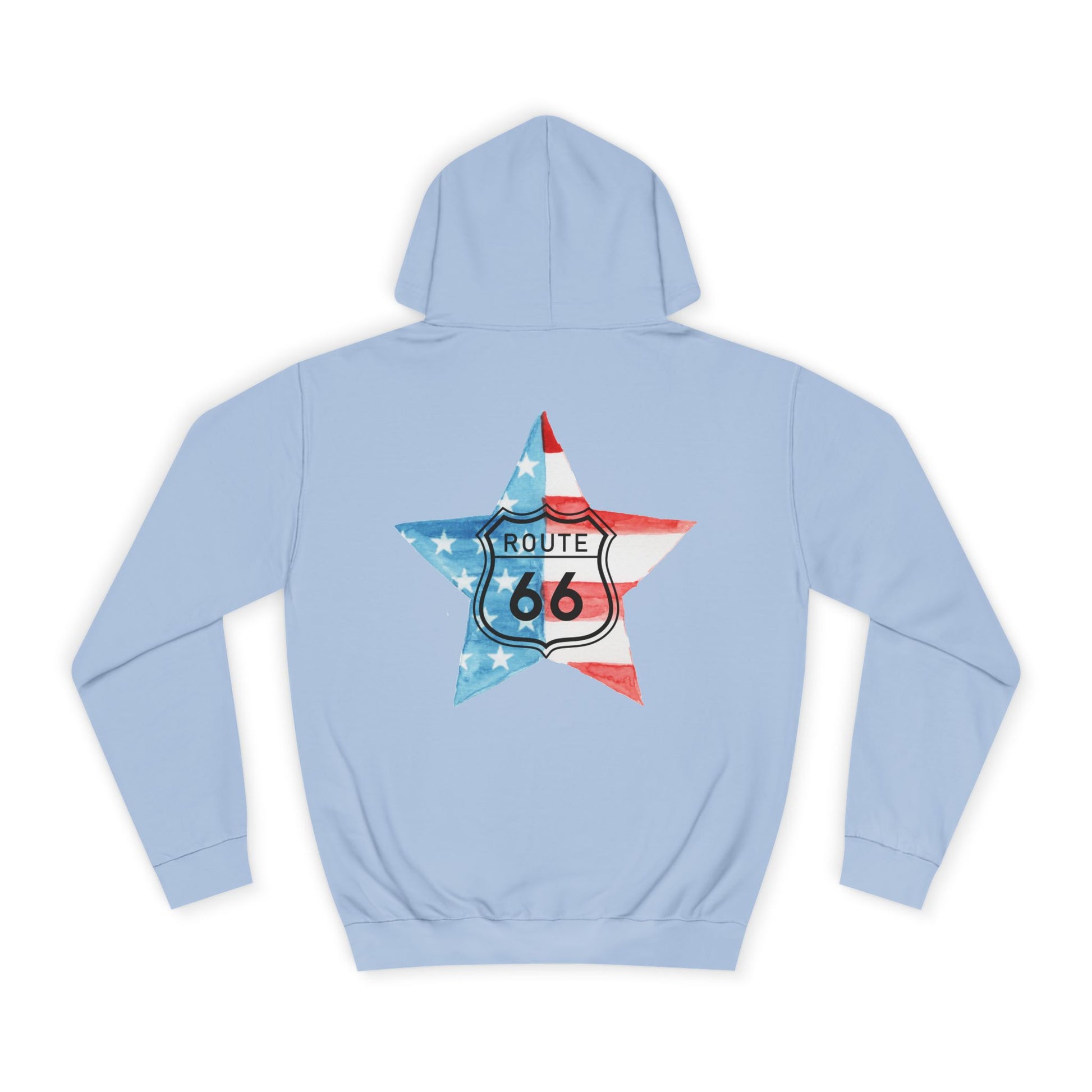 Flat lay of the back of a sky blue unisex Route 66 hoodie featuring a patriotic star with a Route 66 shield in vintage, Americana style.