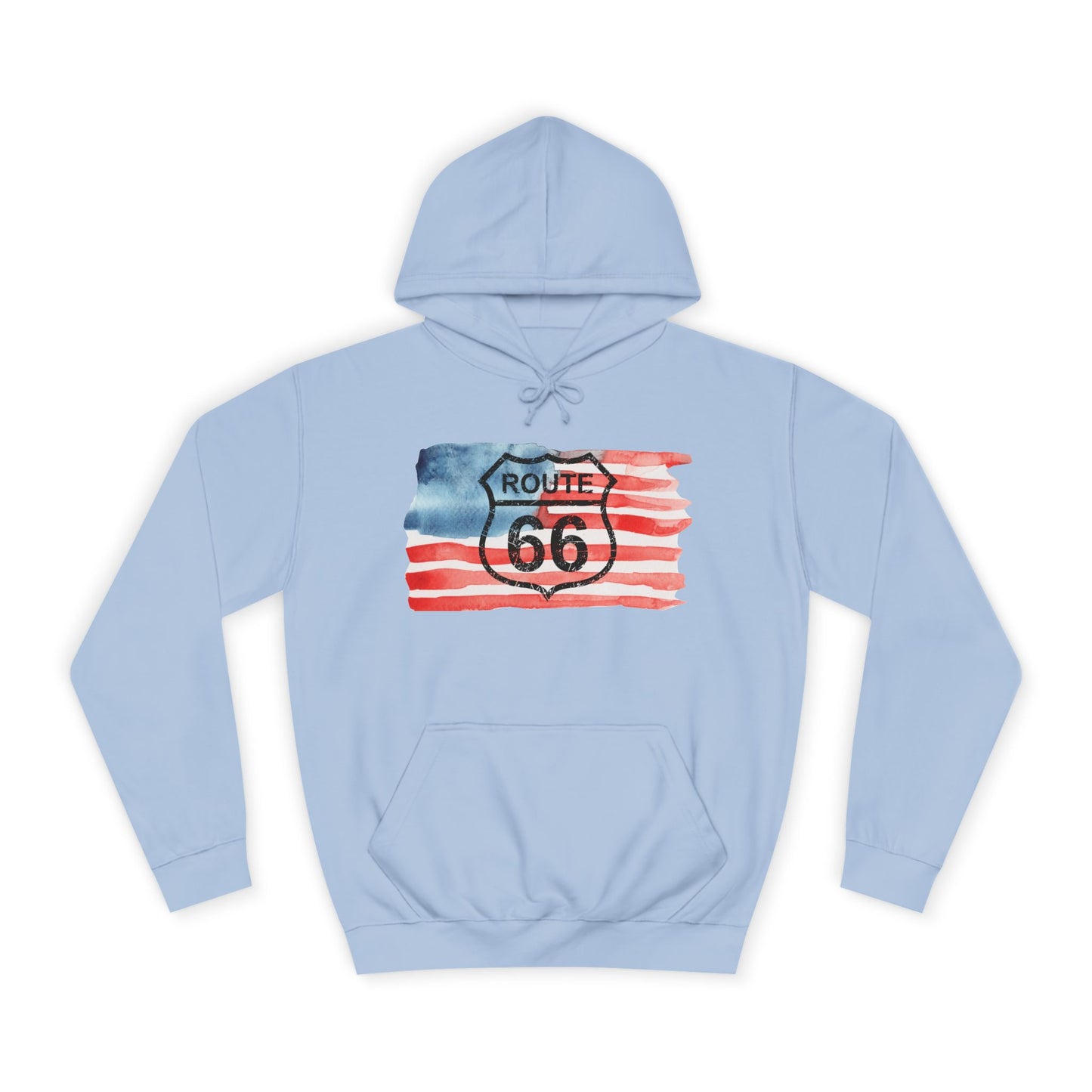 Flat lay of the front of a sky blue unisex Route 66 hoodie featuring a distressed American flag print with a Route 66 shield