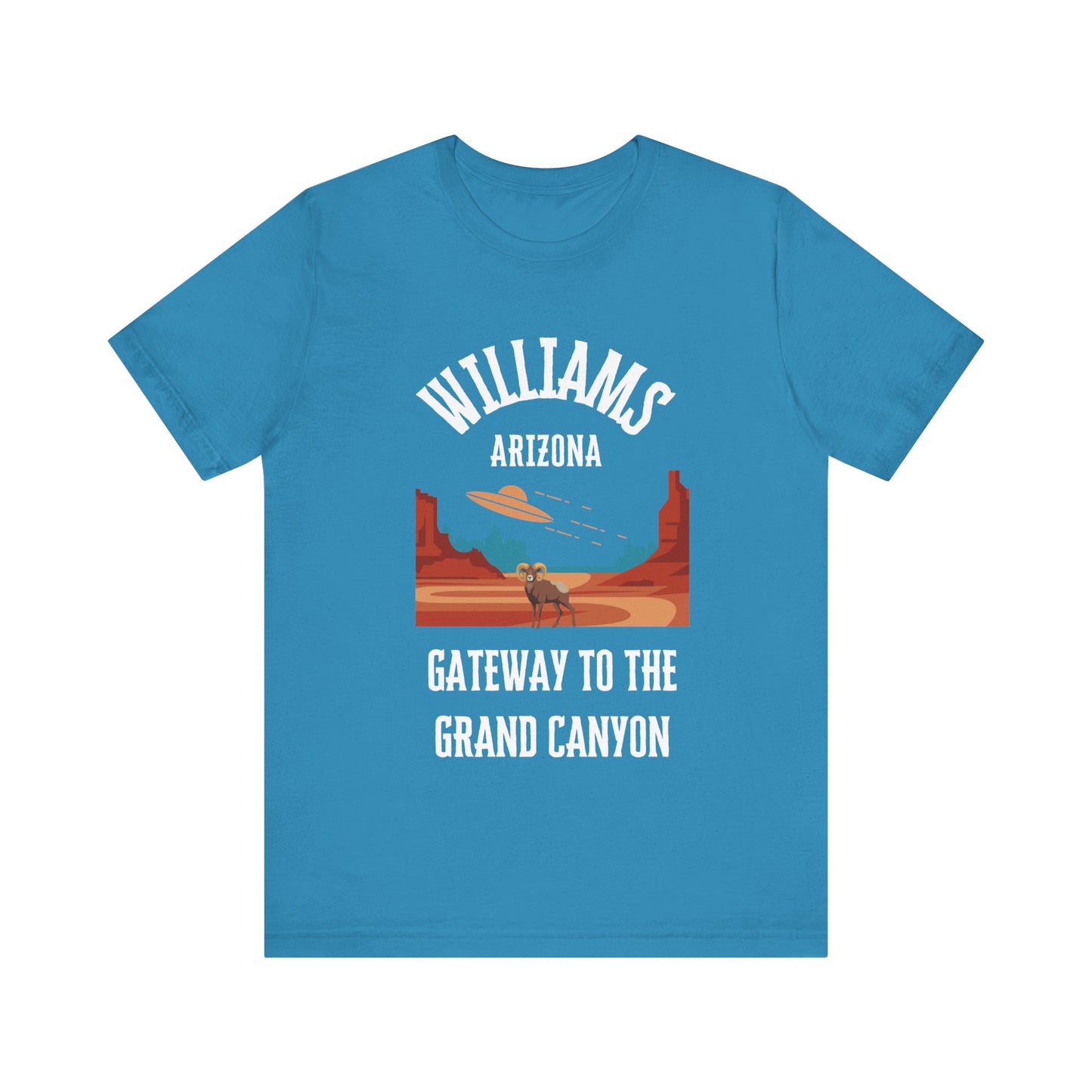 Aqua retro Arizona unisex jersey tee with Williams, AZ:: "Gateway to the Grand Canyon" design