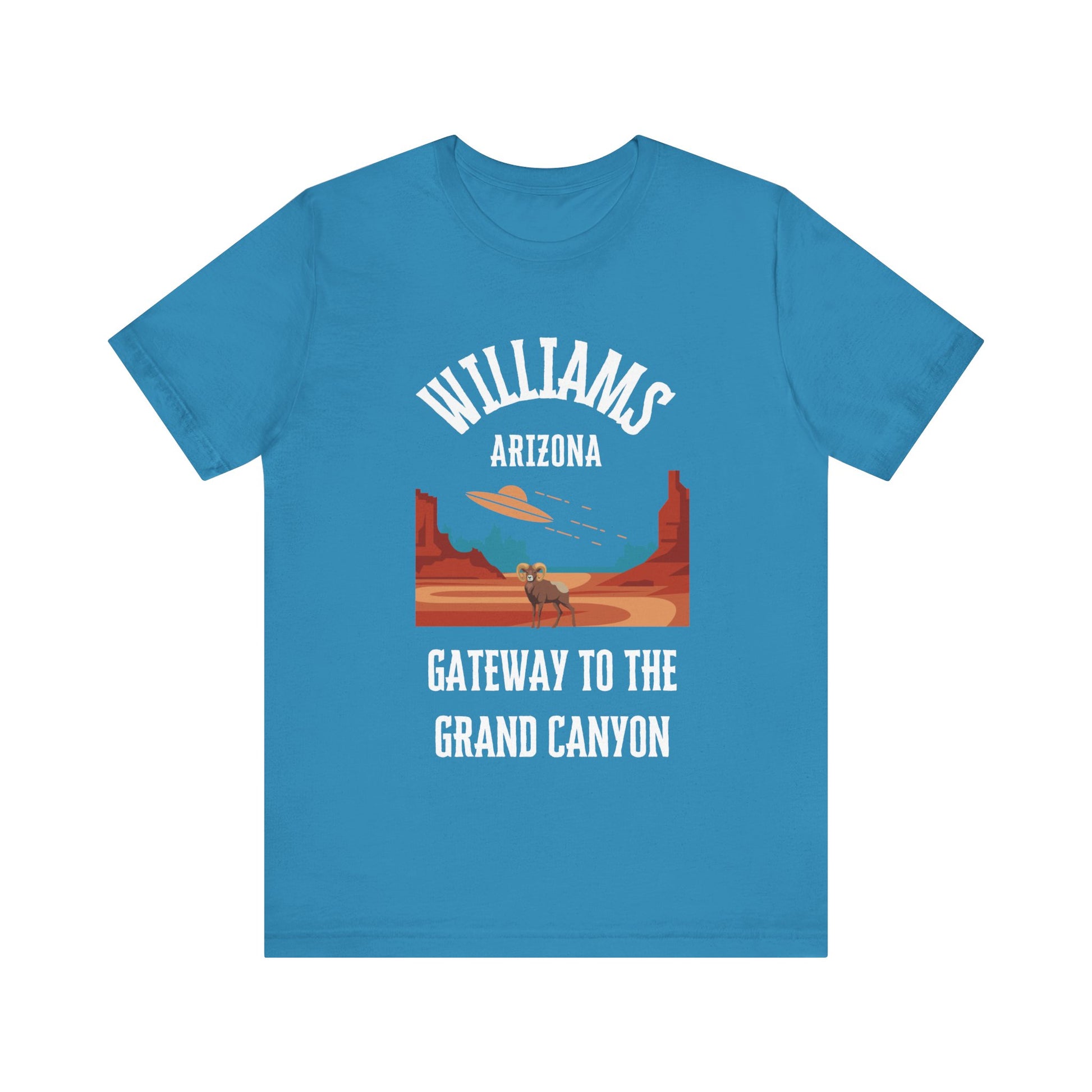 Aqua retro Arizona unisex jersey tee with Williams, AZ:: "Gateway to the Grand Canyon" design
