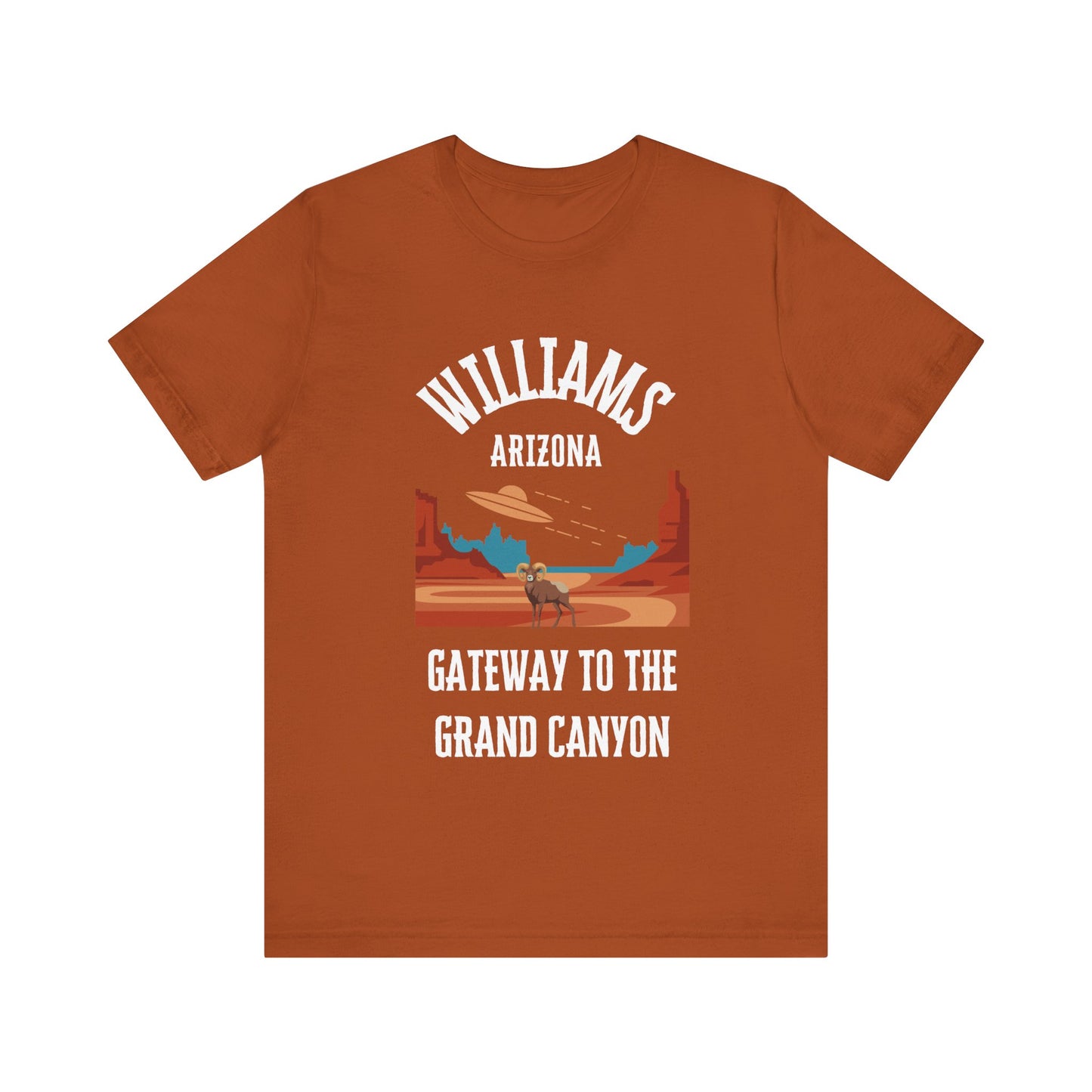 Autumn retro Arizona unisex jersey tee with Williams, AZ:: "Gateway to the Grand Canyon" design