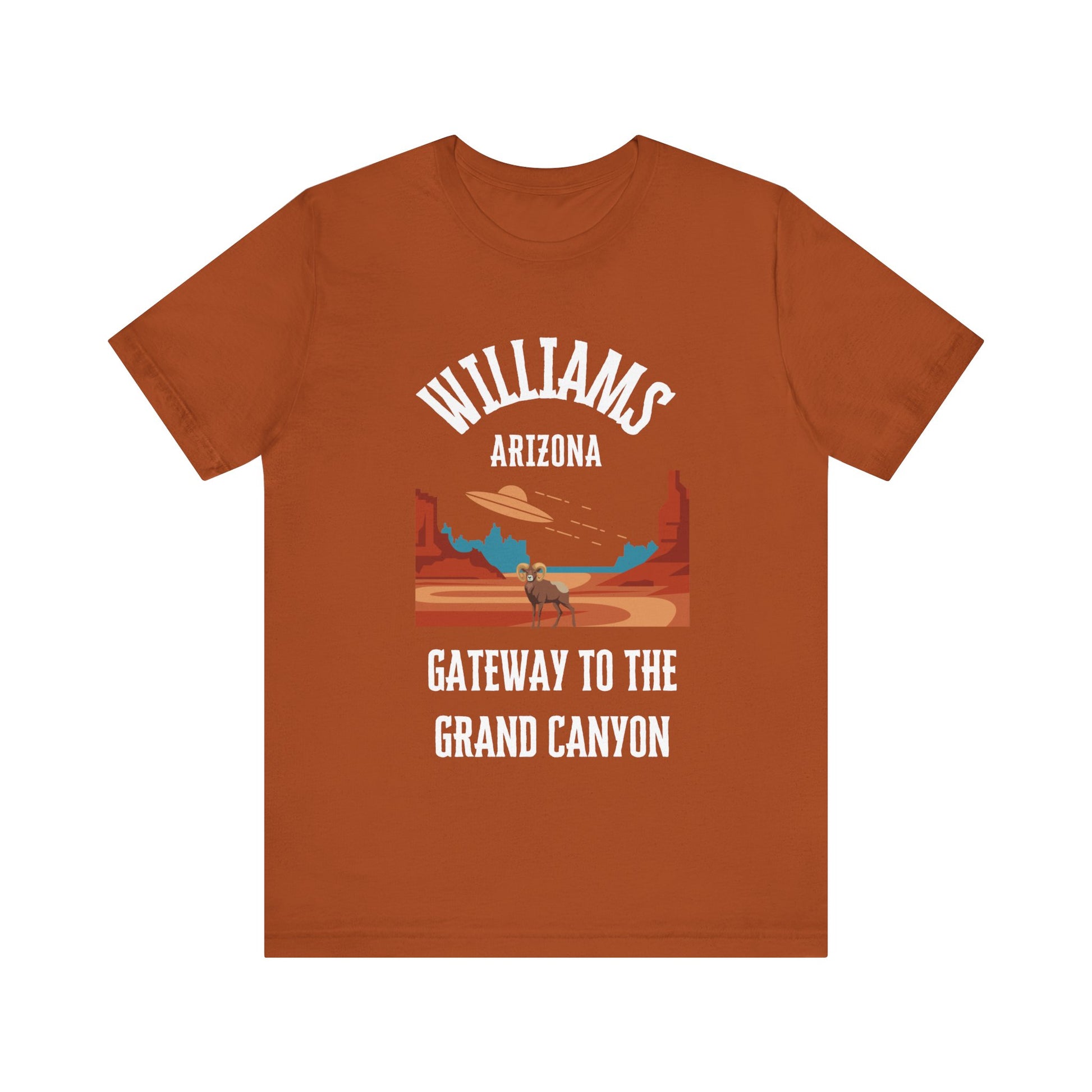 Autumn retro Arizona unisex jersey tee with Williams, AZ:: "Gateway to the Grand Canyon" design