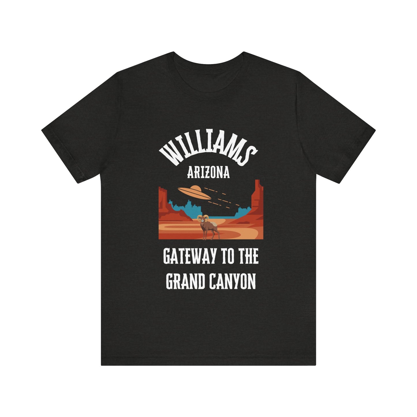 Black heather retro Arizona unisex jersey tee with Williams, AZ:: "Gateway to the Grand Canyon" design